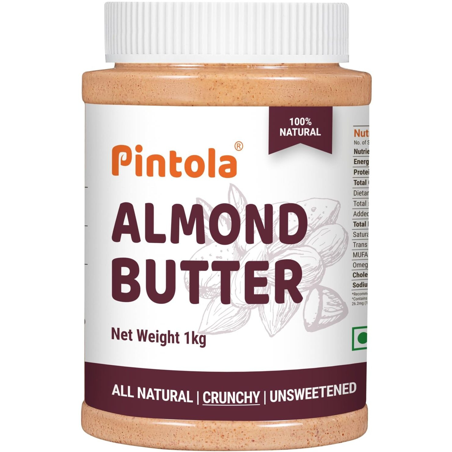 Pintola Almond Butter Crunchy 1kg - All Natural Unsalted Butter, Healthy Almond Butter Unsweetened for Bread Spreads, Vegan Almond Butter