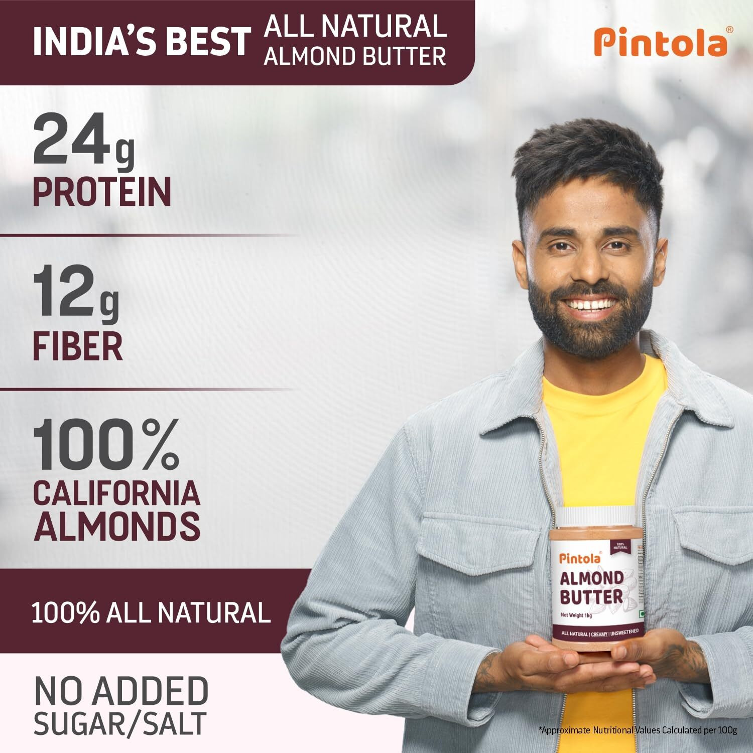 Pintola Almond Butter Crunchy 1kg - All Natural Unsalted Butter, Healthy Almond Butter Unsweetened for Bread Spreads, Vegan Almond Butter