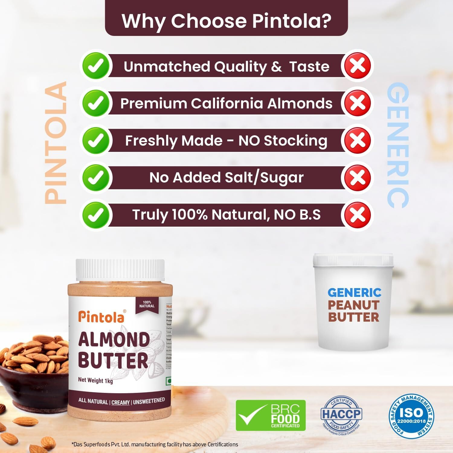 Pintola Almond Butter Crunchy 1kg - All Natural Unsalted Butter, Healthy Almond Butter Unsweetened for Bread Spreads, Vegan Almond Butter