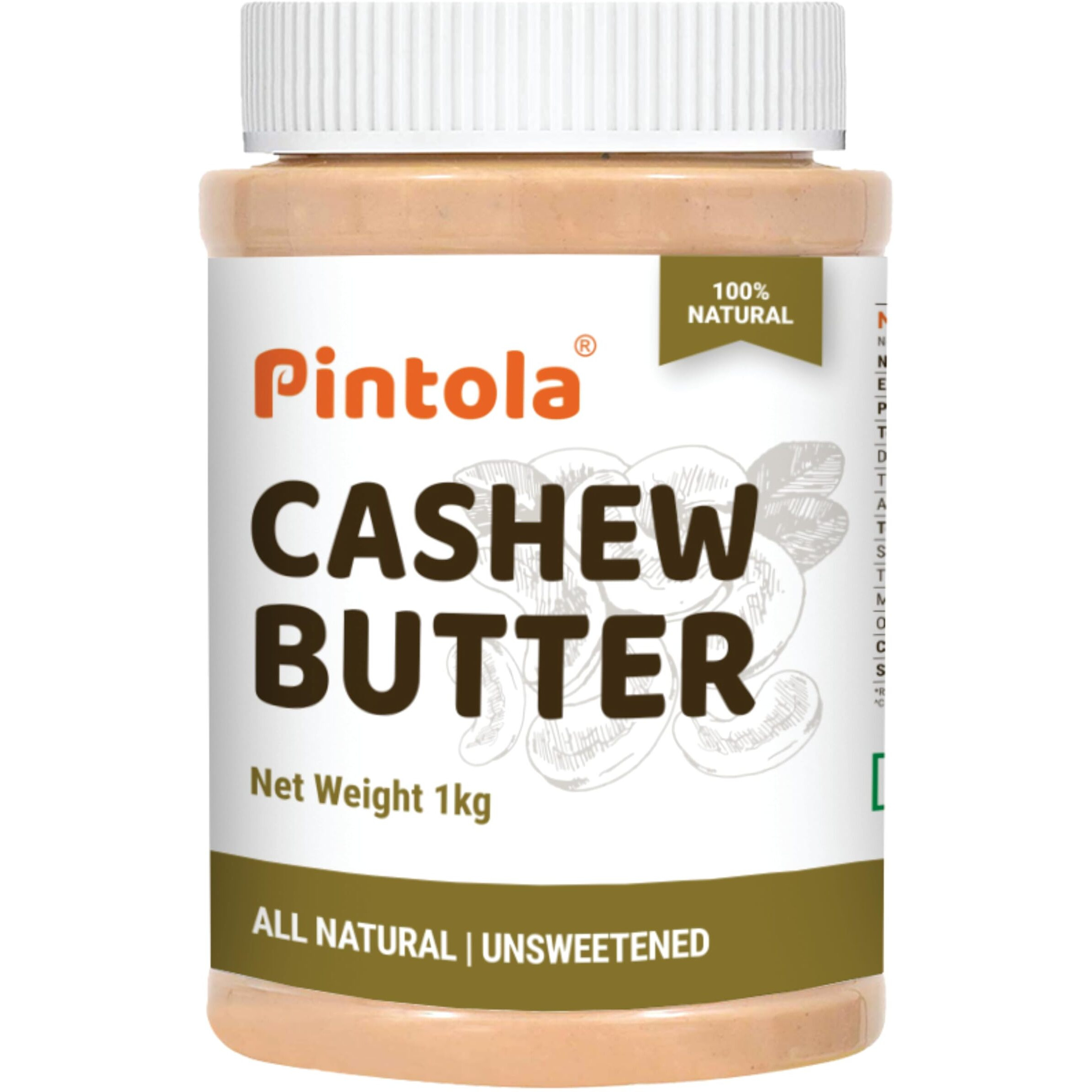 Pintola Cashew Butter 1kg - All Natural Vegan Cashew Butter, Gluten Free & Cholesterol Free, Healthy Cashew Butter Unsweetened for Bread Spreads, Made with Fresh Cashews, Source of Fiber & Protein