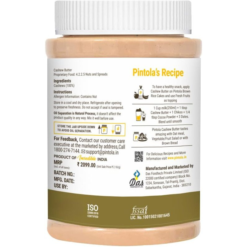 Pintola Cashew Butter 1kg - All Natural Vegan Cashew Butter, Gluten Free & Cholesterol Free, Healthy Cashew Butter Unsweetened for Bread Spreads, Made with Fresh Cashews, Source of Fiber & Protein