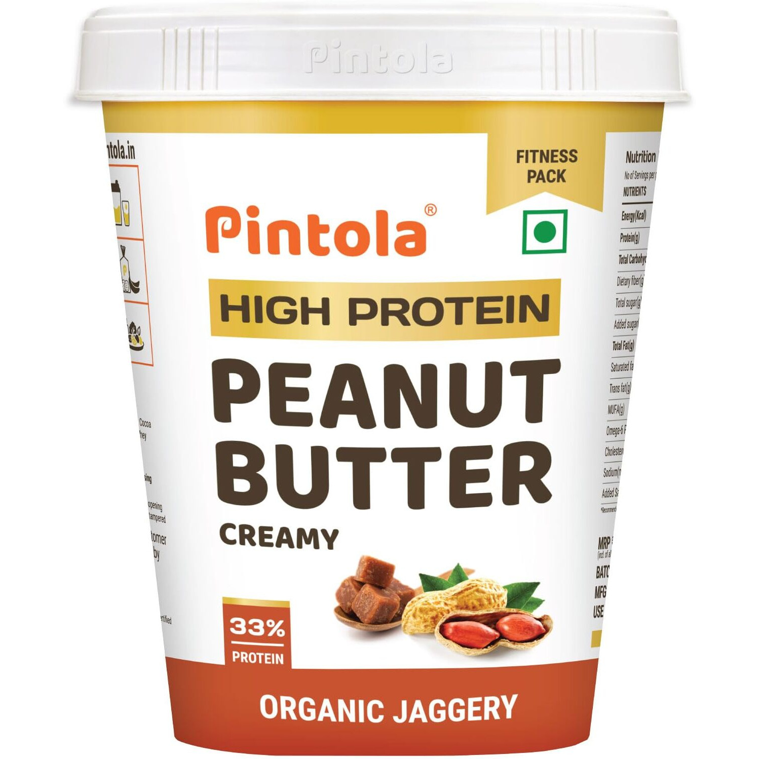 Pintola HIGH Protein ORGANIC JAGGERY Peanut Butter Creamy 510g with 33g Protein & 7g Fiber, Whey Protein Peanut Butter, Vegan Gluten Free, Zero Added Salt, Cholesterol Free, 100% Roasted Peanuts