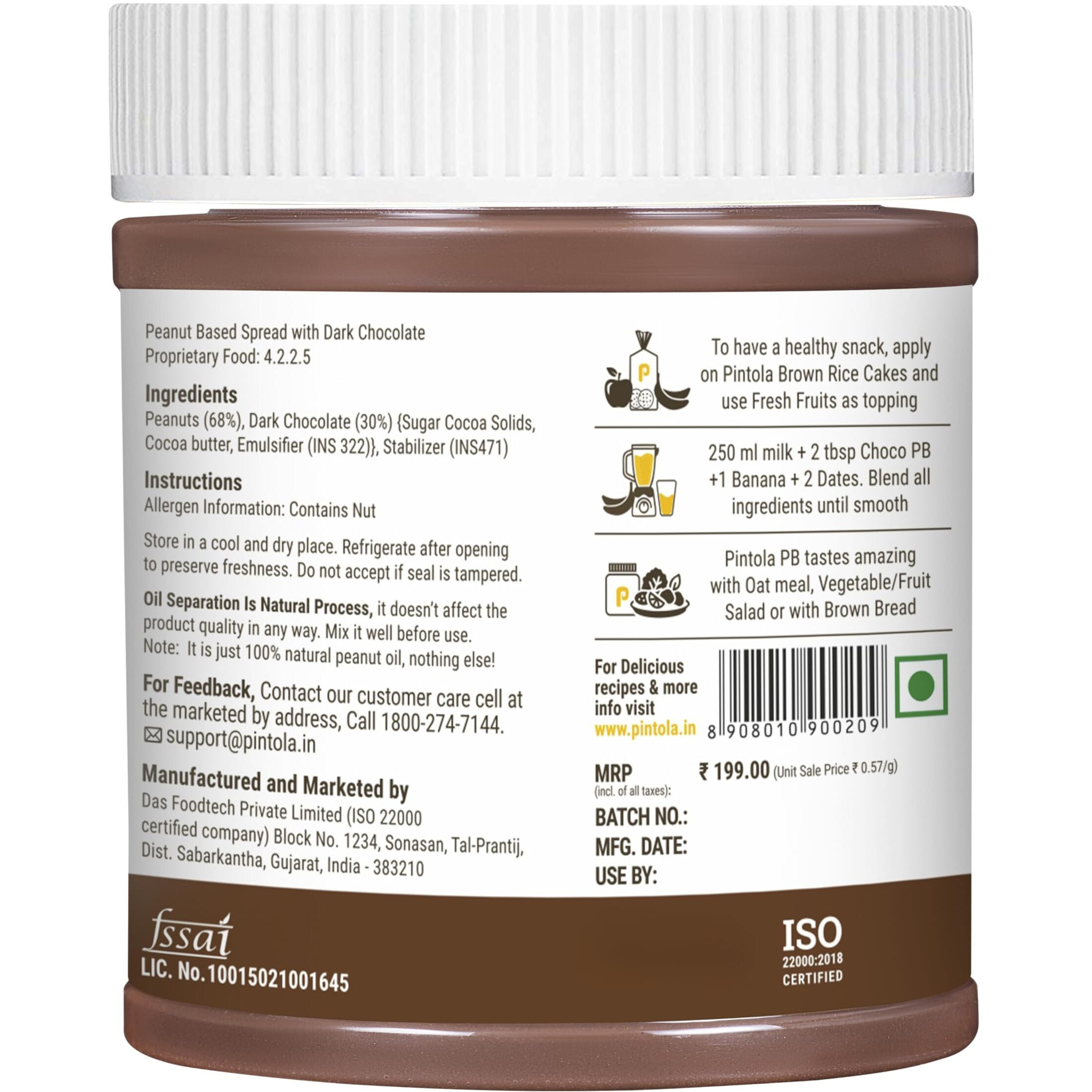 Pintola Peanut Butter Chocolate Flavour Crunchy 350g (Pack of 2) - 18.6g Protein & 5.2g Dietary Fiber, Made with Premium Roasted Nuts & Cocoa, Gluten Free, Zero Cholesterol & Trans Fat, Dark Chocolate
