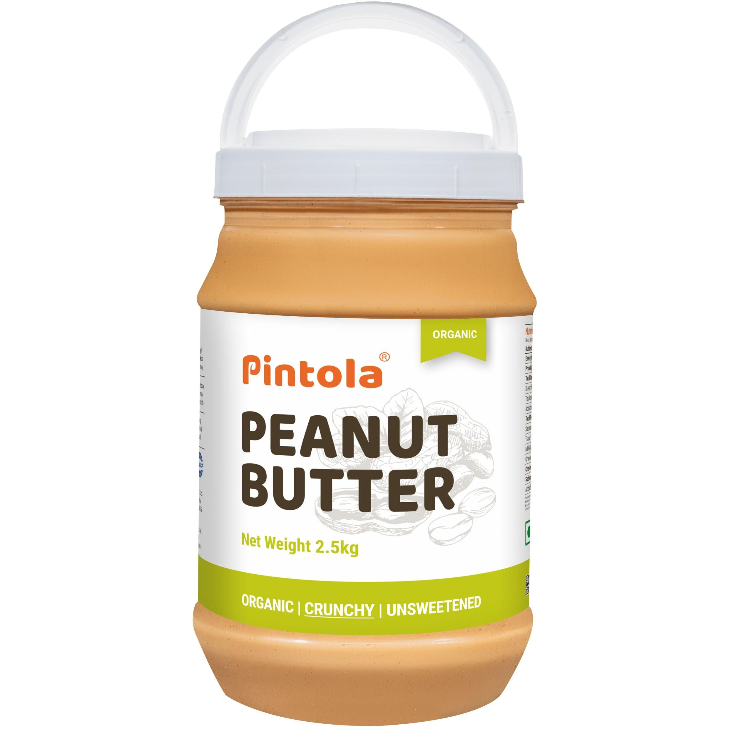 Pintola Organic Unsweetened Peanut Butter Crunchy 2.5kg - High Protein 30g & 9g Dietary Fiber, Made with Organic Peanuts, No Added Sugar, No Preservatives
