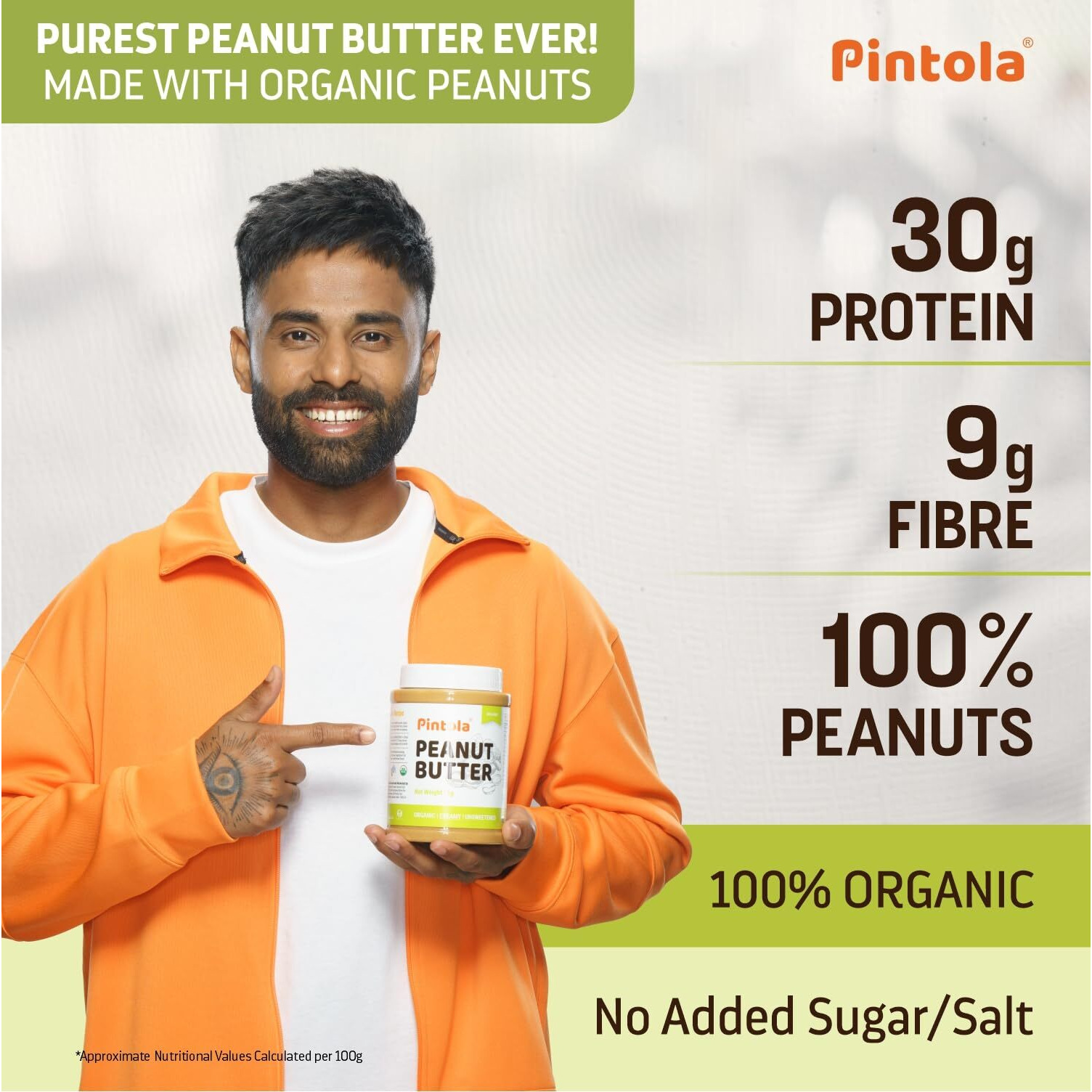 Pintola Organic Unsweetened Peanut Butter Crunchy 2.5kg - High Protein 30g & 9g Dietary Fiber, Made with Organic Peanuts, No Added Sugar, No Preservatives
