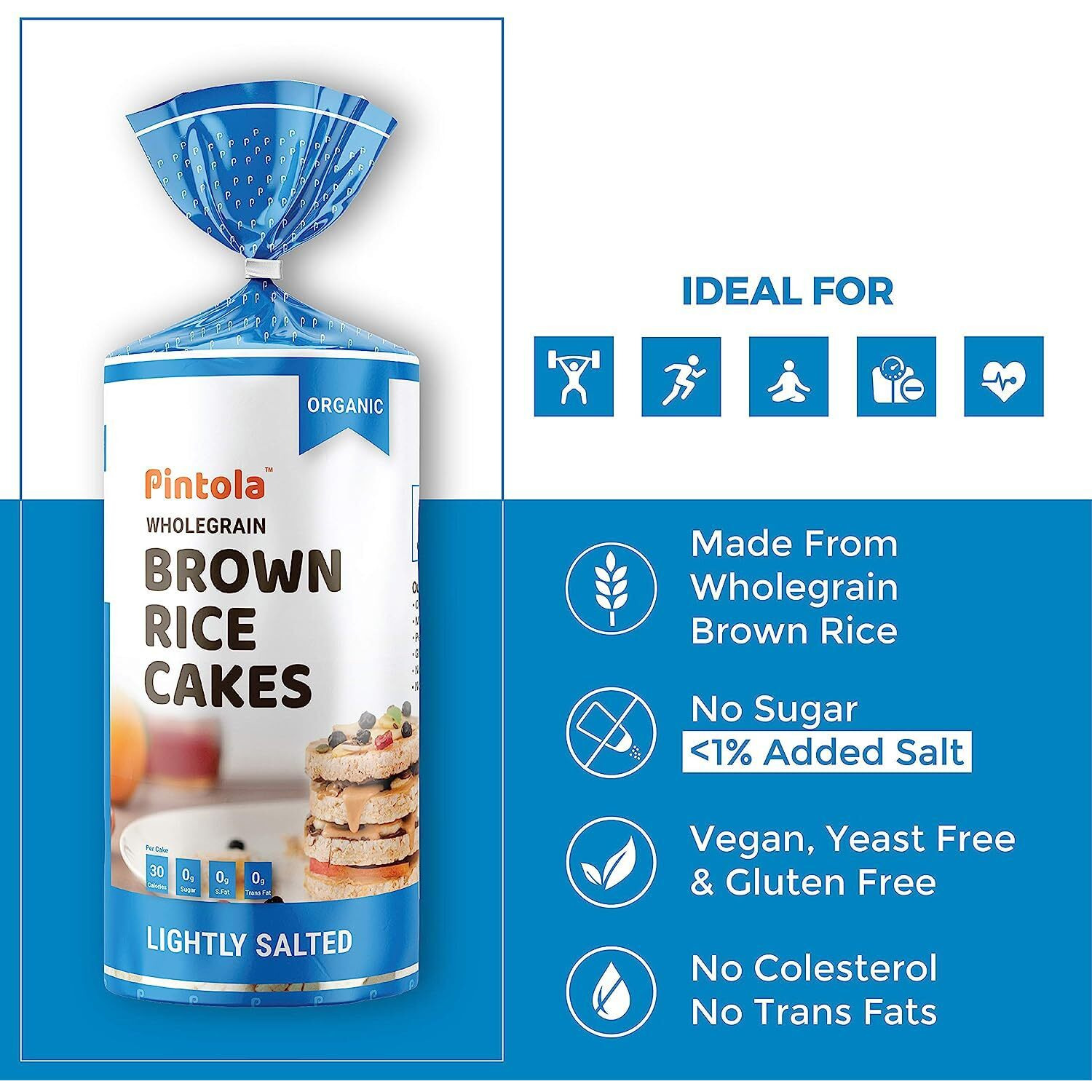 Pintola Organic Wholegrain Brown Rice Cakes - All Natural (Lightly salted, Pack of 2) (130 g x 2) | All Natural | 9 Wholegrain | No Cholesterol | Low Fat |Soy and Yeast Free|Only 30 Calories Per Cake