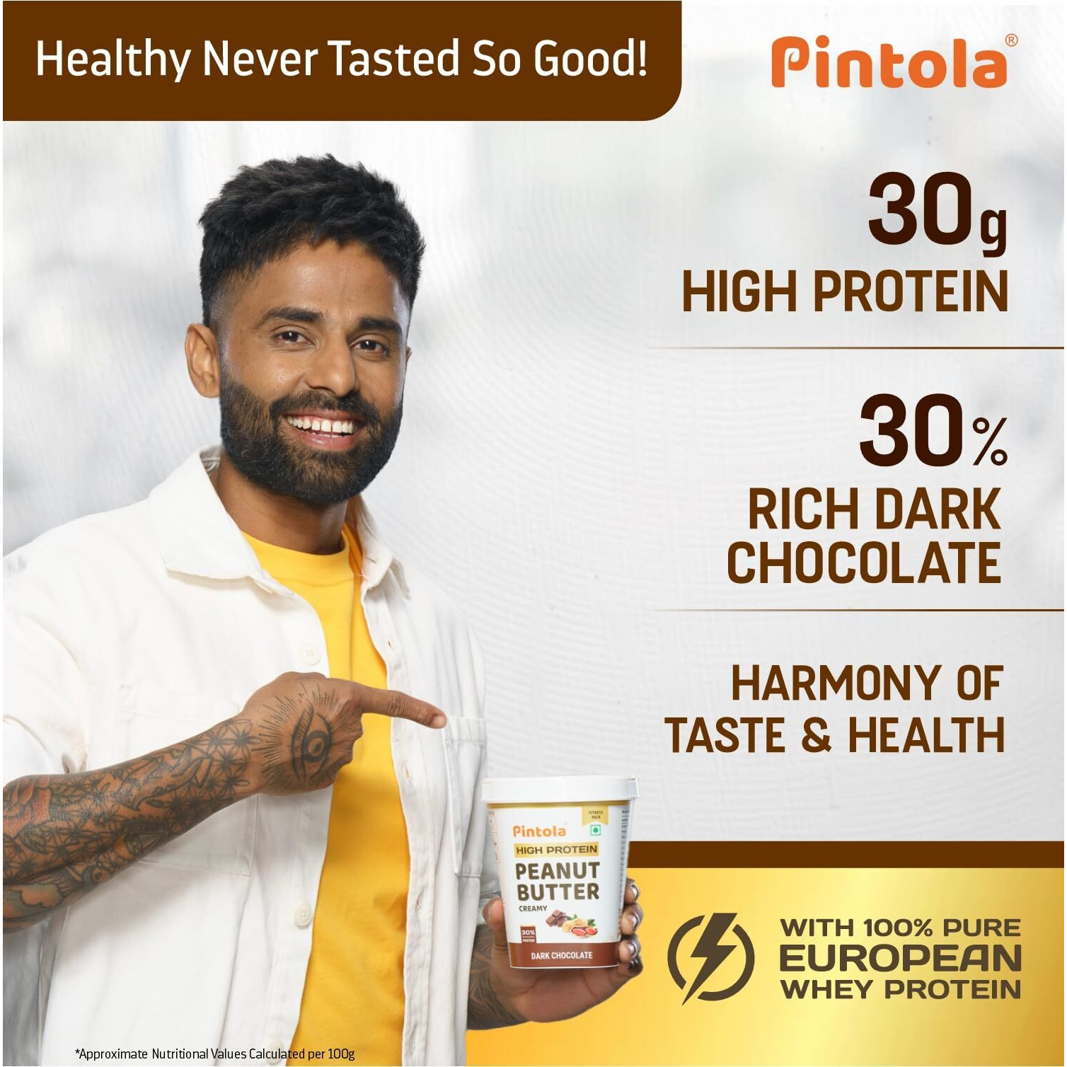 PINTOLA High Protein Peanut Butter Chocolate Flavour Crunchy 1kg, Added WHEY Protein, 30g Protein 6.2g Fiber, Gluten Free, Zero Trans Fat, Dark Chocolate Peanut Butter Spread, Nut Butter Bread Snacks