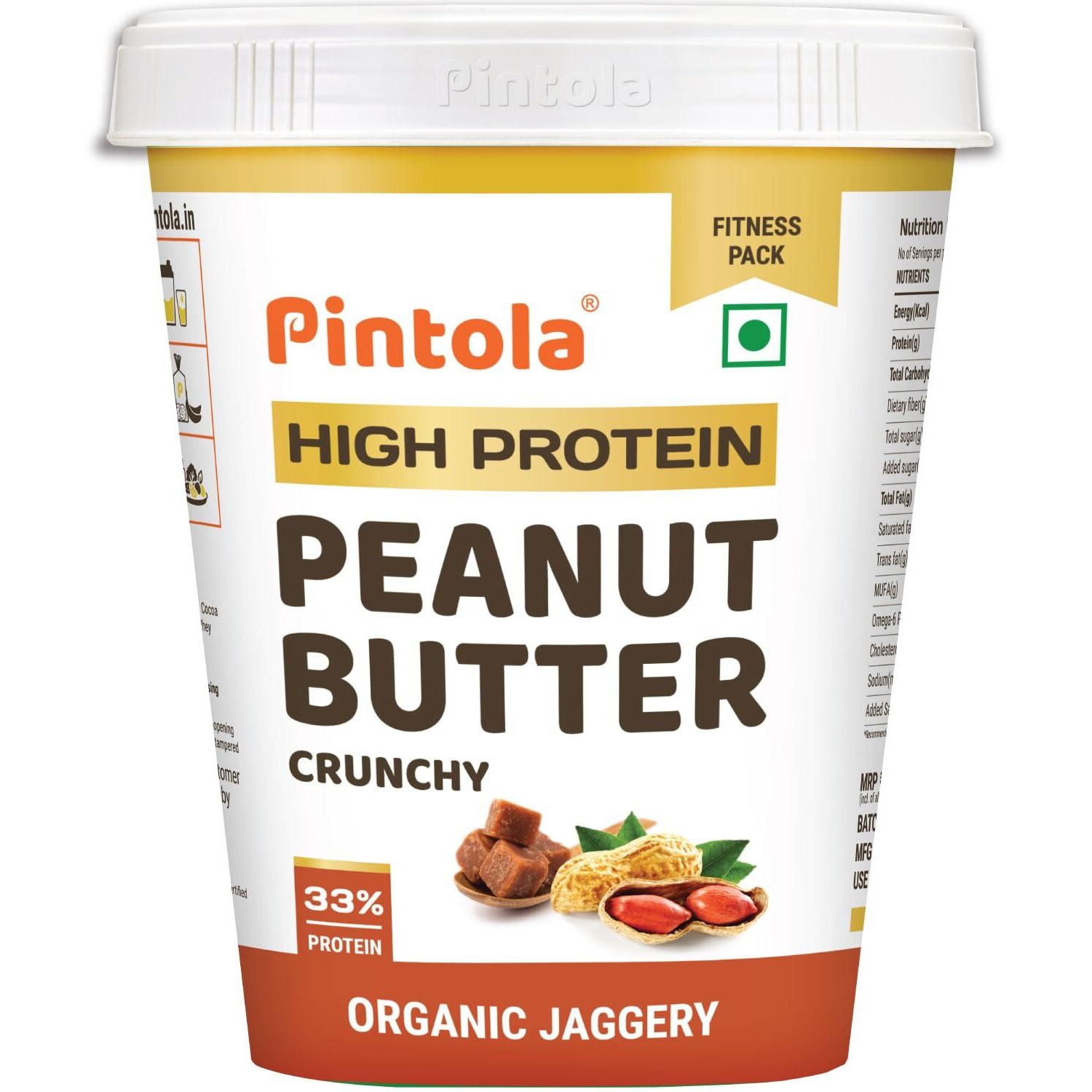 Pintola HIGH Protein ORGANIC JAGGERY Peanut Butter Crunchy 510g with 33g Protein & 7g Fiber, Whey Protein Peanut Butter, Vegan Gluten Free, Zero Added Salt, Cholesterol Free, 100% Roasted Peanuts