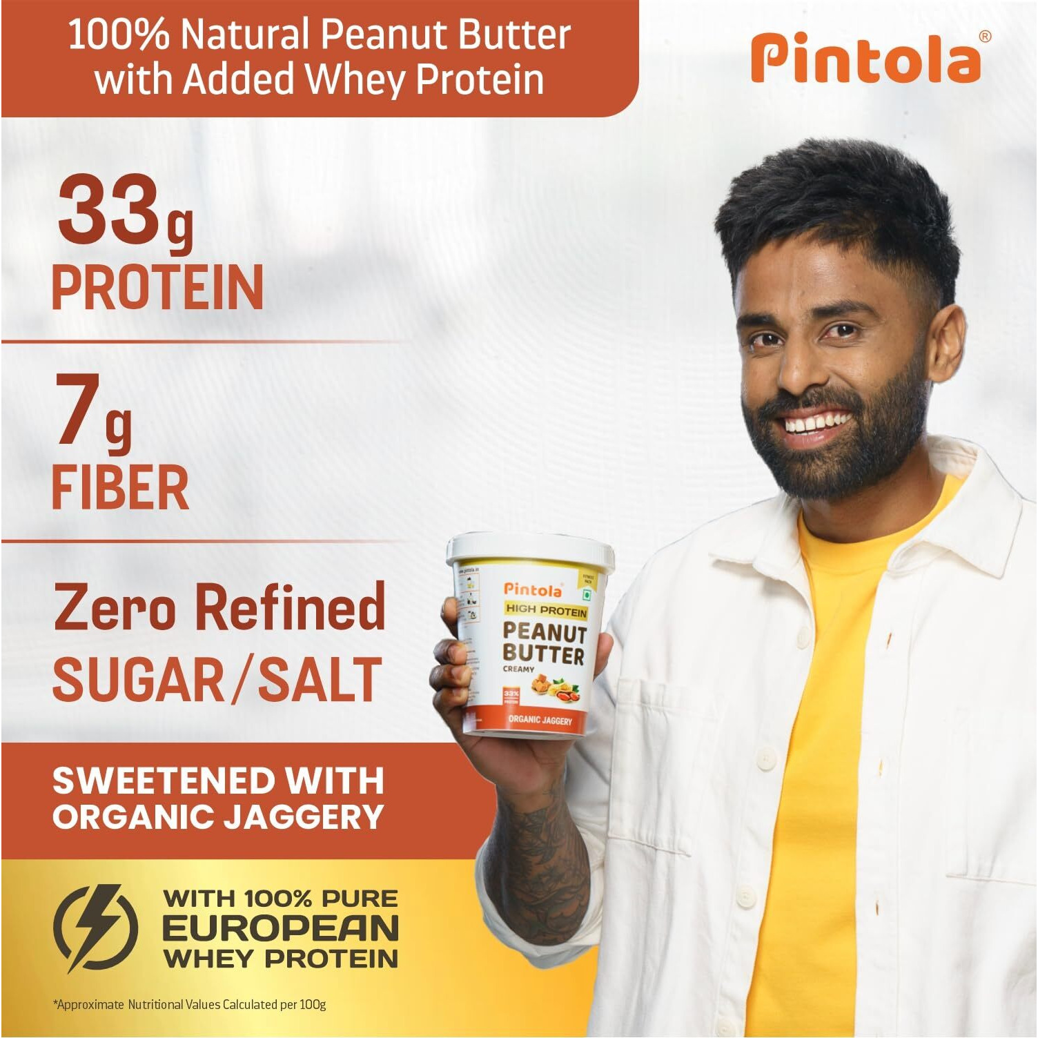 Pintola HIGH Protein ORGANIC JAGGERY Peanut Butter Crunchy 510g with 33g Protein & 7g Fiber, Whey Protein Peanut Butter, Vegan Gluten Free, Zero Added Salt, Cholesterol Free, 100% Roasted Peanuts
