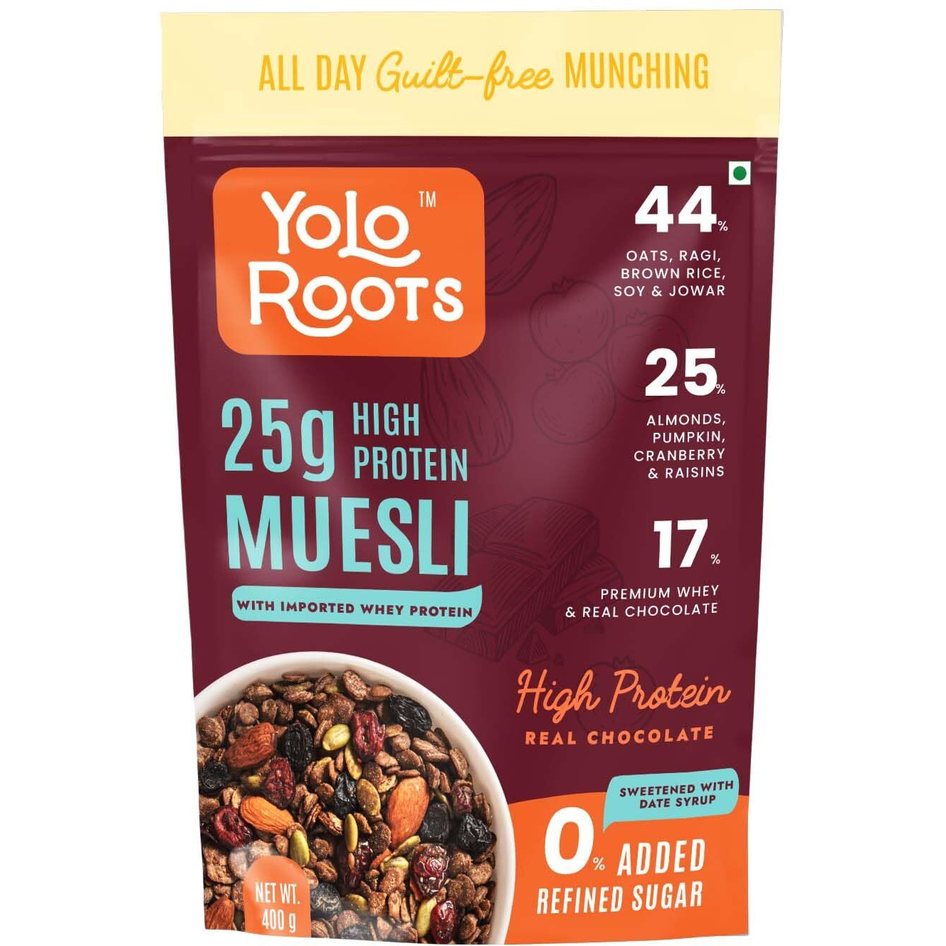 Yolo Roots High Protein Dark Chocolate Muesli 400 Gm|Indias 1St 25Gm Protein Per 100Gm Muesli With Premium Whey Protein, 25% Almond, Pumpkin & Cranberry|No Added Refined Sugar|Made In Date Syrup