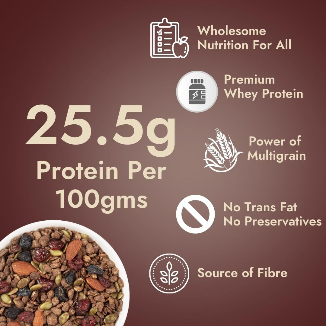 Yolo Roots High Protein Dark Chocolate Muesli 400 Gm|Indias 1St 25Gm Protein Per 100Gm Muesli With Premium Whey Protein, 25% Almond, Pumpkin & Cranberry|No Added Refined Sugar|Made In Date Syrup