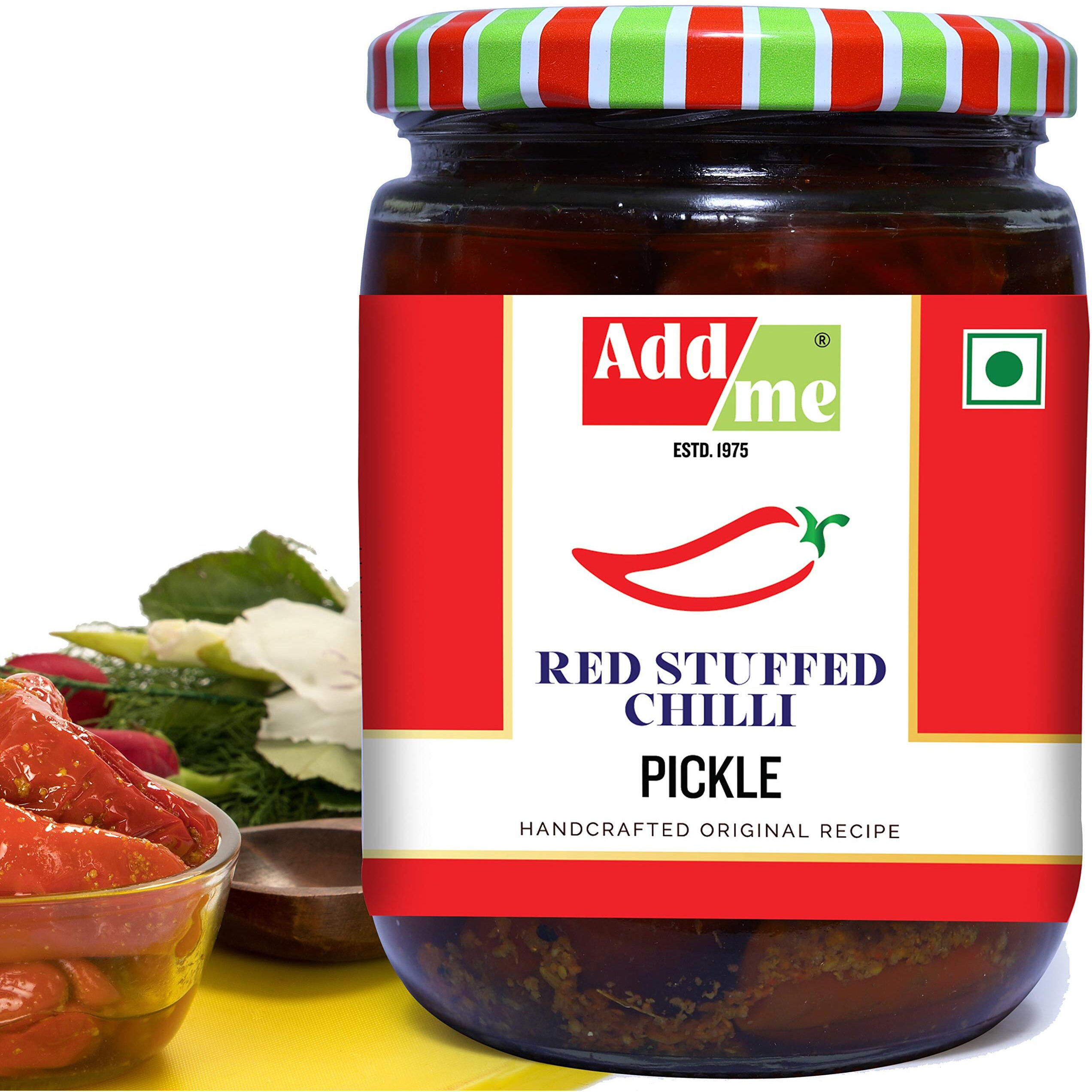 Add me Red Stuffed Chilli Pickles 500gm lal mirch ka Bharwa Banarasi Masala mirchi ka achar 500g Glass Jar