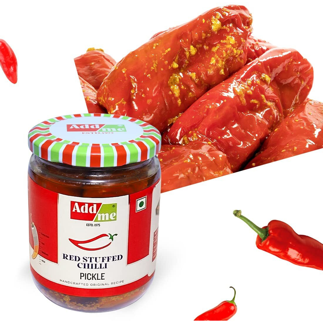 Add me Red Stuffed Chilli Pickles 500gm lal mirch ka Bharwa Banarasi Masala mirchi ka achar 500g Glass Jar