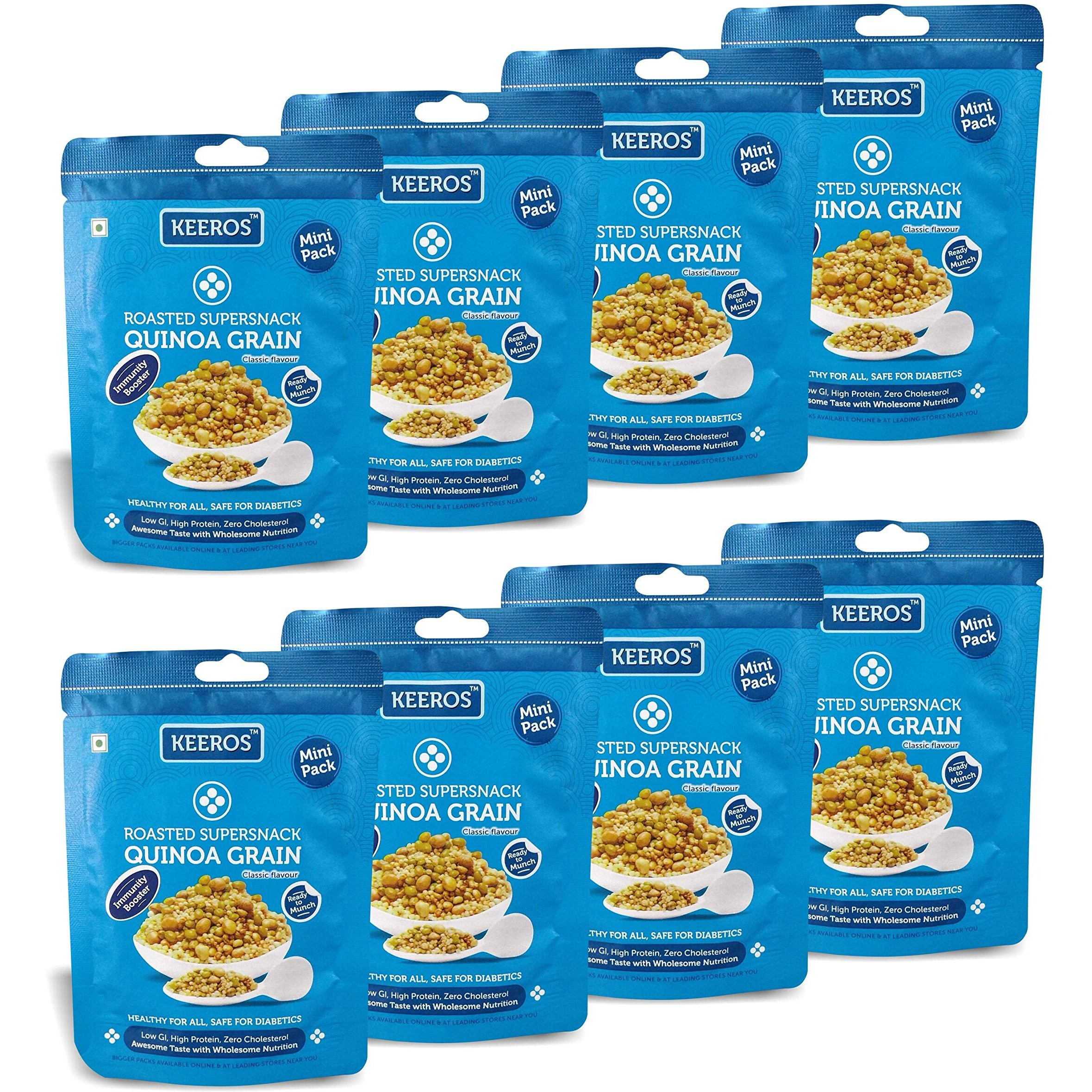 Keeros Quinoa Grain Healthy Super Snack - Gluten Free, High Protein, Tasty, Low GI, Healthy Mix of Roasted Quinoa Seeds with Pearl Millets, Soyabeans, Dew Beans & Green Grams, (45g X 8 Mini Packs)