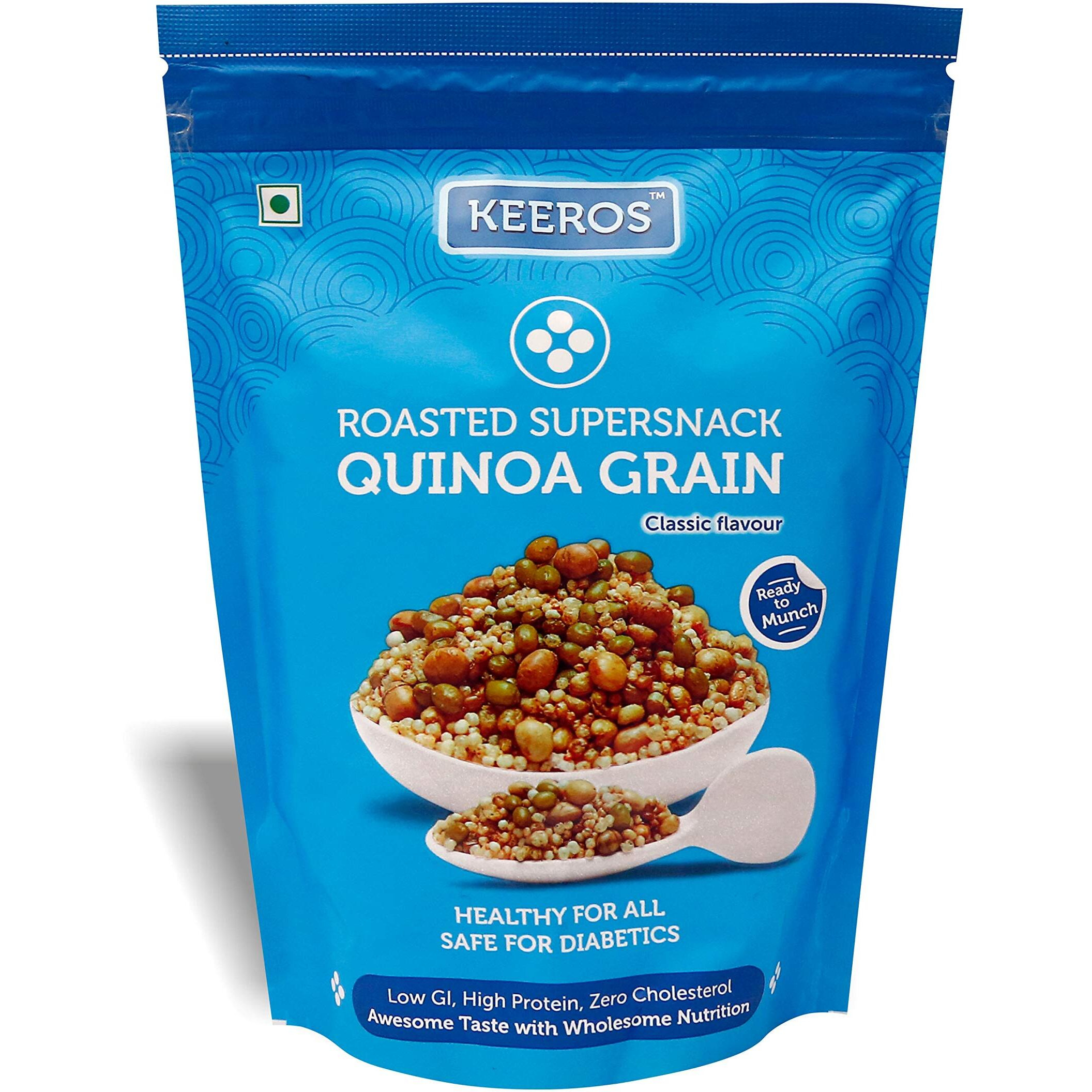 Keeros Quinoa Grain Roasted & Healthy Snacks for Weight Loss | Diabetic Friendly, Diet Namkeen & Snacks | Gluten Free, High Protein, Low Calorie, Tasty Lightly Spiced Mix of Quinoa & 4supergrains|250g