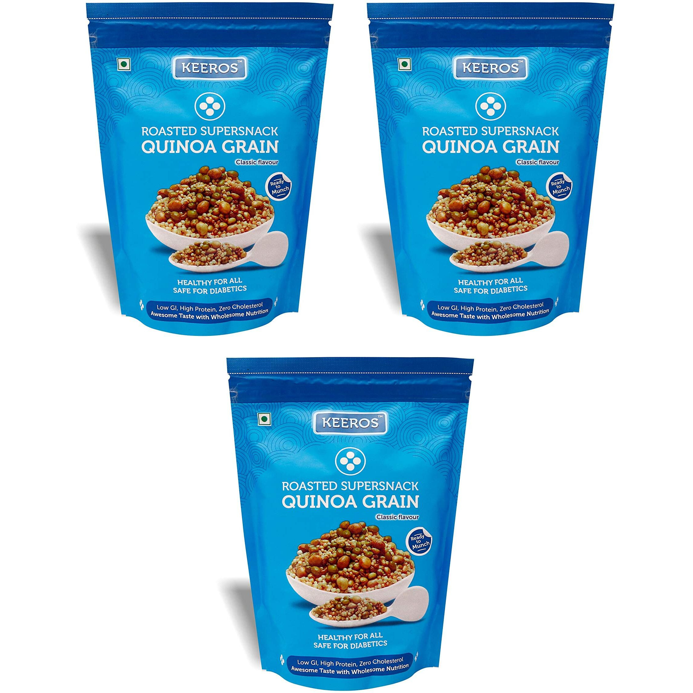 Keeros Quinoa Grain Healthy & Diabetic Friendly Roasted Snacks | Diet Namkeen & Snacks for Weight Loss | Low GI, High Protein, Tasty & Lightly Spiced Mix of Quinoa Puffs & 4supergrains |Pack of 3x250g