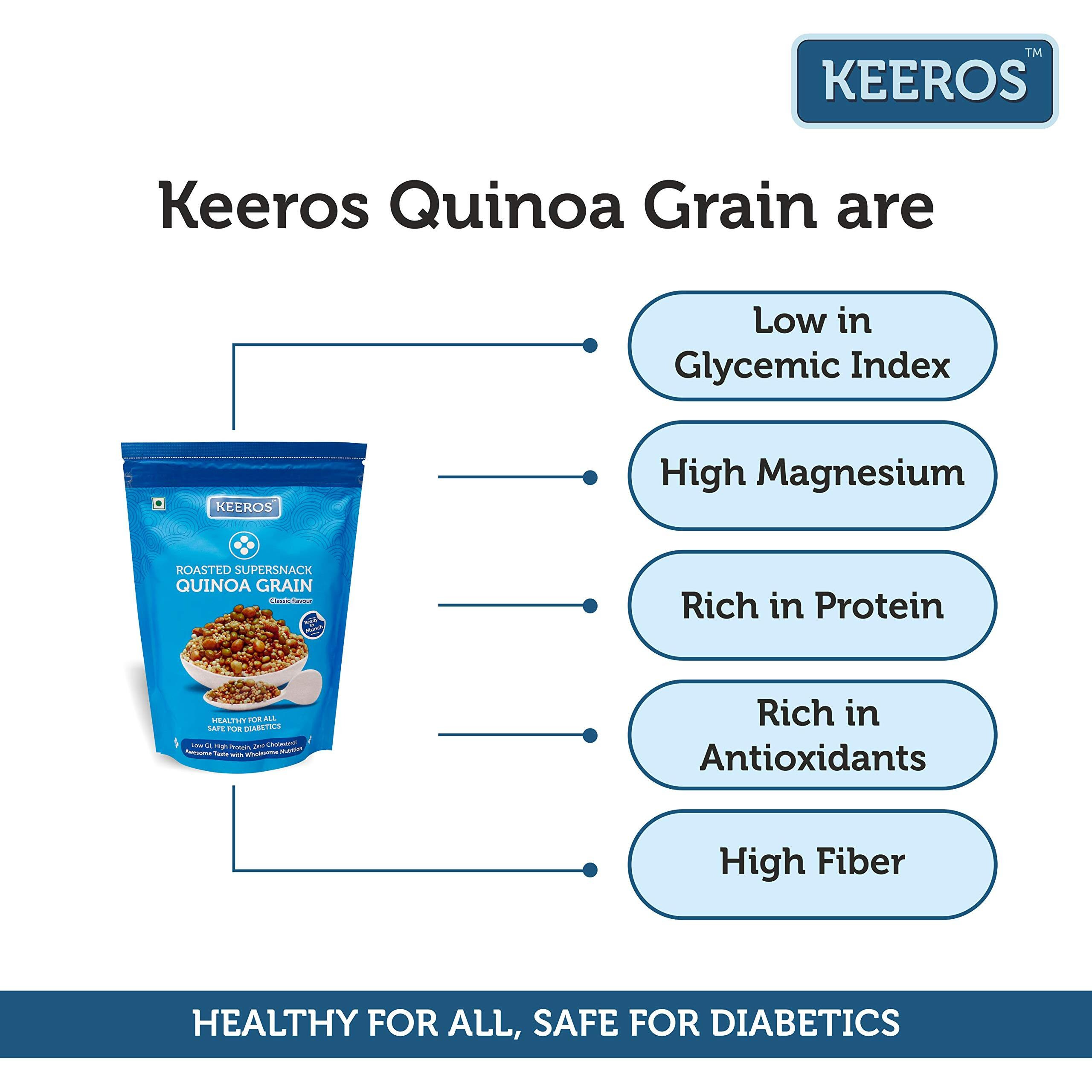 Keeros Quinoa Grain Healthy & Diabetic Friendly Roasted Snacks | Diet Namkeen & Snacks for Weight Loss | Low GI, High Protein, Tasty & Lightly Spiced Mix of Quinoa Puffs & 4supergrains |Pack of 3x250g
