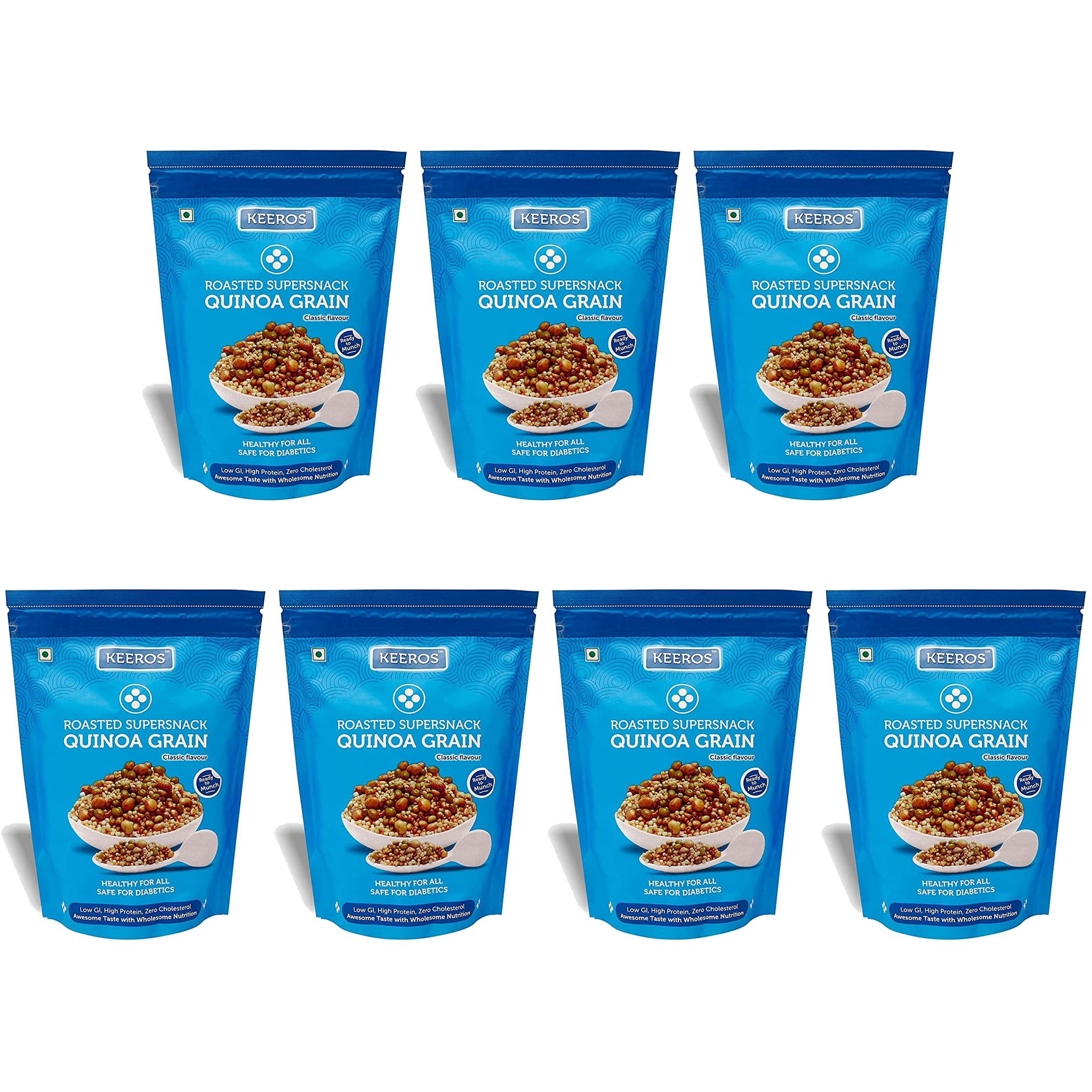 Keeros Quinoa Grain Healthy & Diabetic Friendly Roasted Snacks | Low GI, High Protein, Tasty & Lightly Spiced Mix of Quinoa Puffs & 4supergrains | Diet Namkeen & Snacks for Weight Loss |Pack of 7x250g