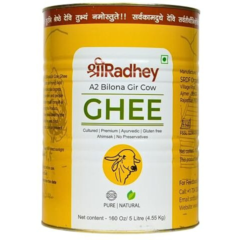 SHREERADHEY A2 Gir Cow Ghee | Traditional Bilona Churned | 5 Litre Tin