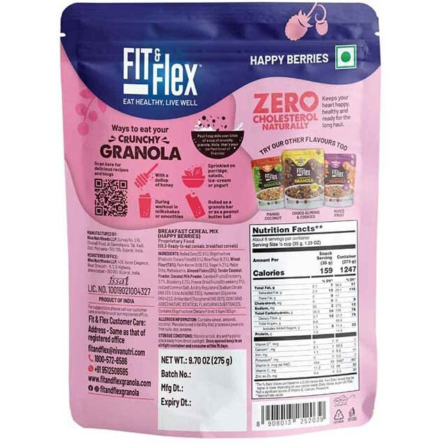 Fit & Flex Baked Crunchy Happy Berries Granola | Oat Rich Cereal With High Protein And Fibre | Ready To Eat Healthy Granola For Breakfast | As Seen on Shark Tank India | 275 g