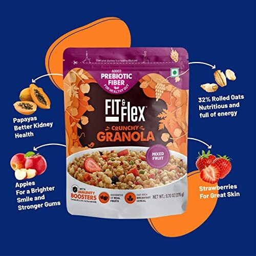 FIT & FLEX Baked Granola Mixed Fruit Oat Rich Cereal With Real Freeze Dried Fruits Ready To Eat Healthy Breakfast Food Cholesterol Free With Immunity Boosters As Seen On Shark Tank India 275 Gm