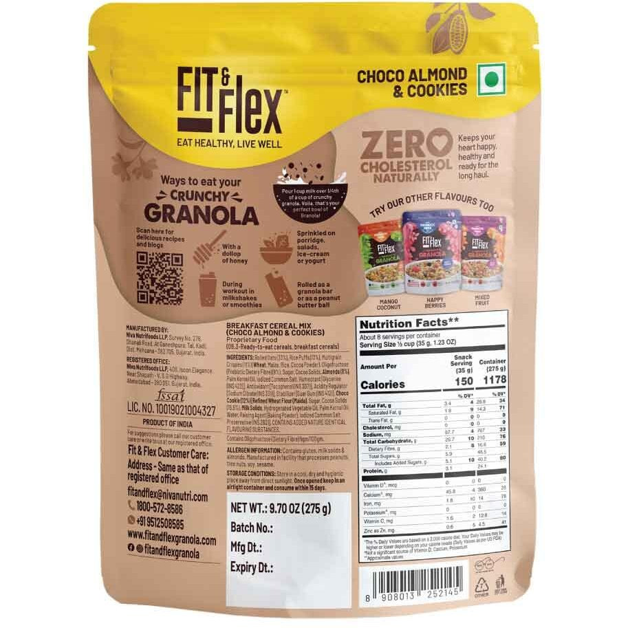 FIT & FLEX Baked Crunchy Granola&Almond,Oat Rich Cereal With High Protein And Fibre,Ready To Eat Healthy Granola For Breakfast-As Seen On Shark Tank India-Chocolate Snacks-275 Gm