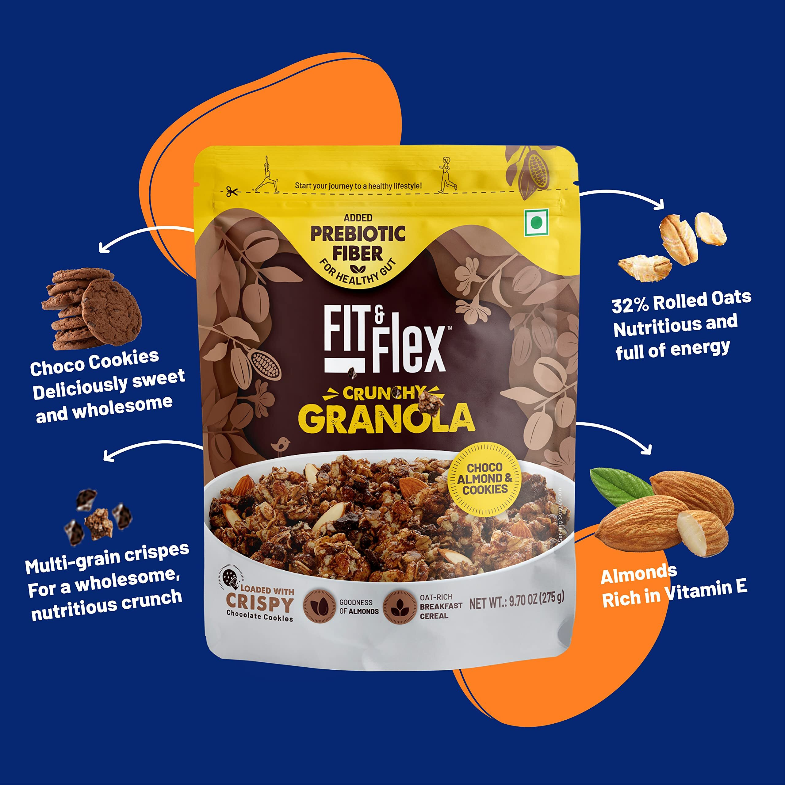 FIT & FLEX Baked Crunchy Granola&Almond,Oat Rich Cereal With High Protein And Fibre,Ready To Eat Healthy Granola For Breakfast-As Seen On Shark Tank India-Chocolate Snacks-275 Gm