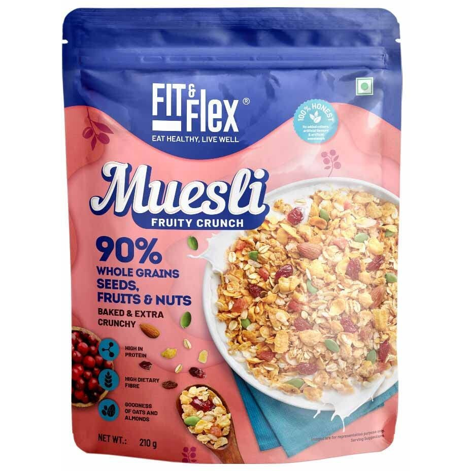 Fit & Flex Baked And Healthy Rich Cereal Fruity Crunch Muesli, Oat Rich Cereal With High Protein, Ready To Eat Breakfast Cereal - As Seen on Shark Tank India - 450 gm (Pack Of 1)