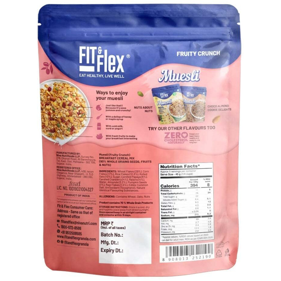 Fit & Flex Baked And Healthy Rich Cereal Fruity Crunch Muesli, Oat Rich Cereal With High Protein, Ready To Eat Breakfast Cereal - As Seen on Shark Tank India - 450 gm (Pack Of 1)