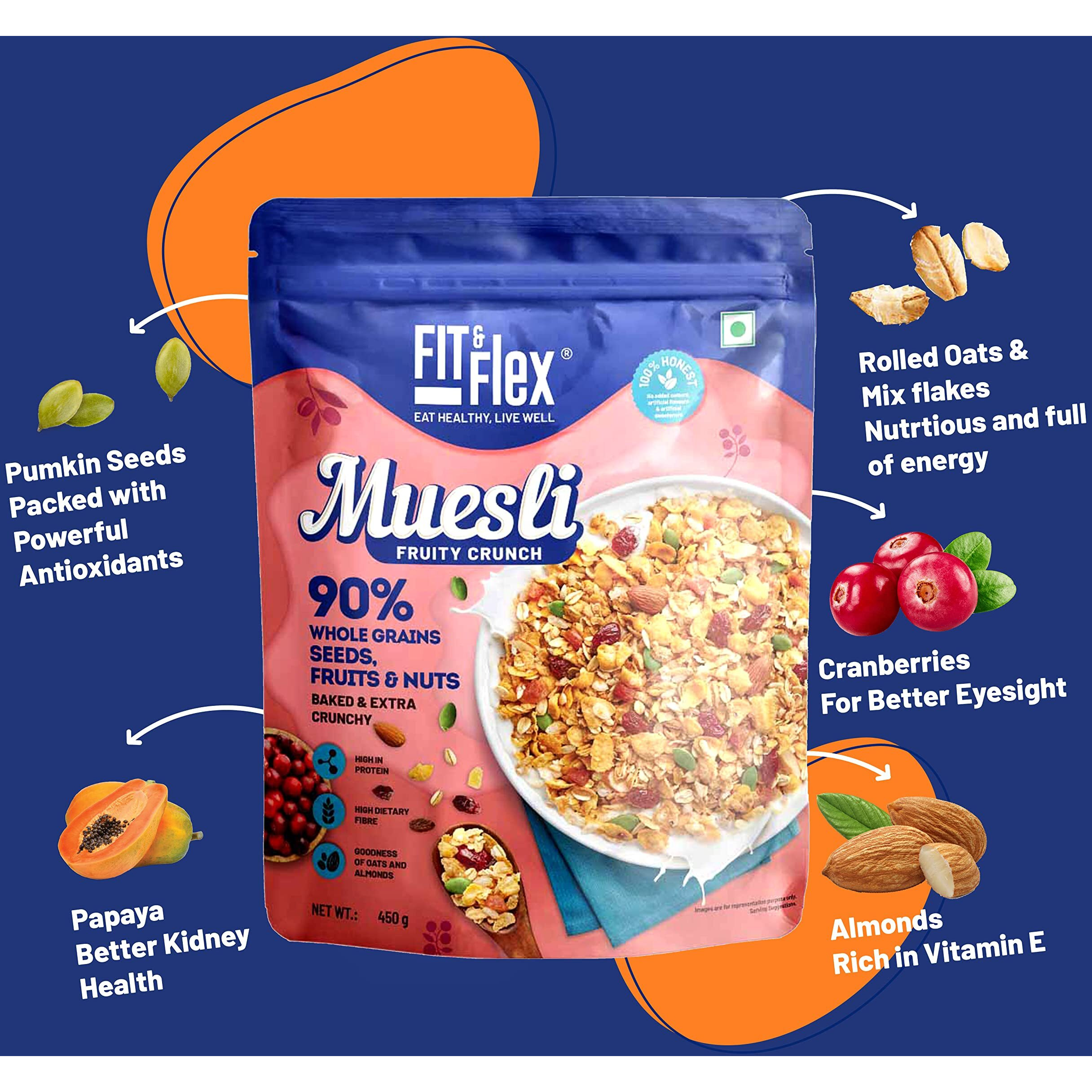 Fit & Flex Baked And Healthy Rich Cereal Fruity Crunch Muesli, Oat Rich Cereal With High Protein, Ready To Eat Breakfast Cereal - As Seen on Shark Tank India - 450 gm (Pack Of 1)