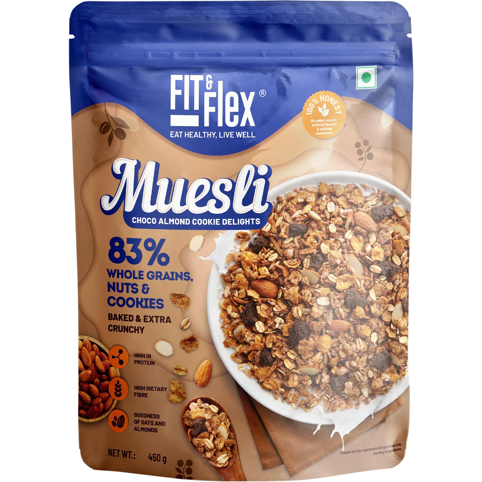FIT & FLEX Healthy Muesli Breakfast Baked And Crunchy Low Added Sugar Zero Cholesterol And Fibre Rich High Protein Snacks Ready To Eat Oat Rich Cereal -Pack Of 1, 450Gm