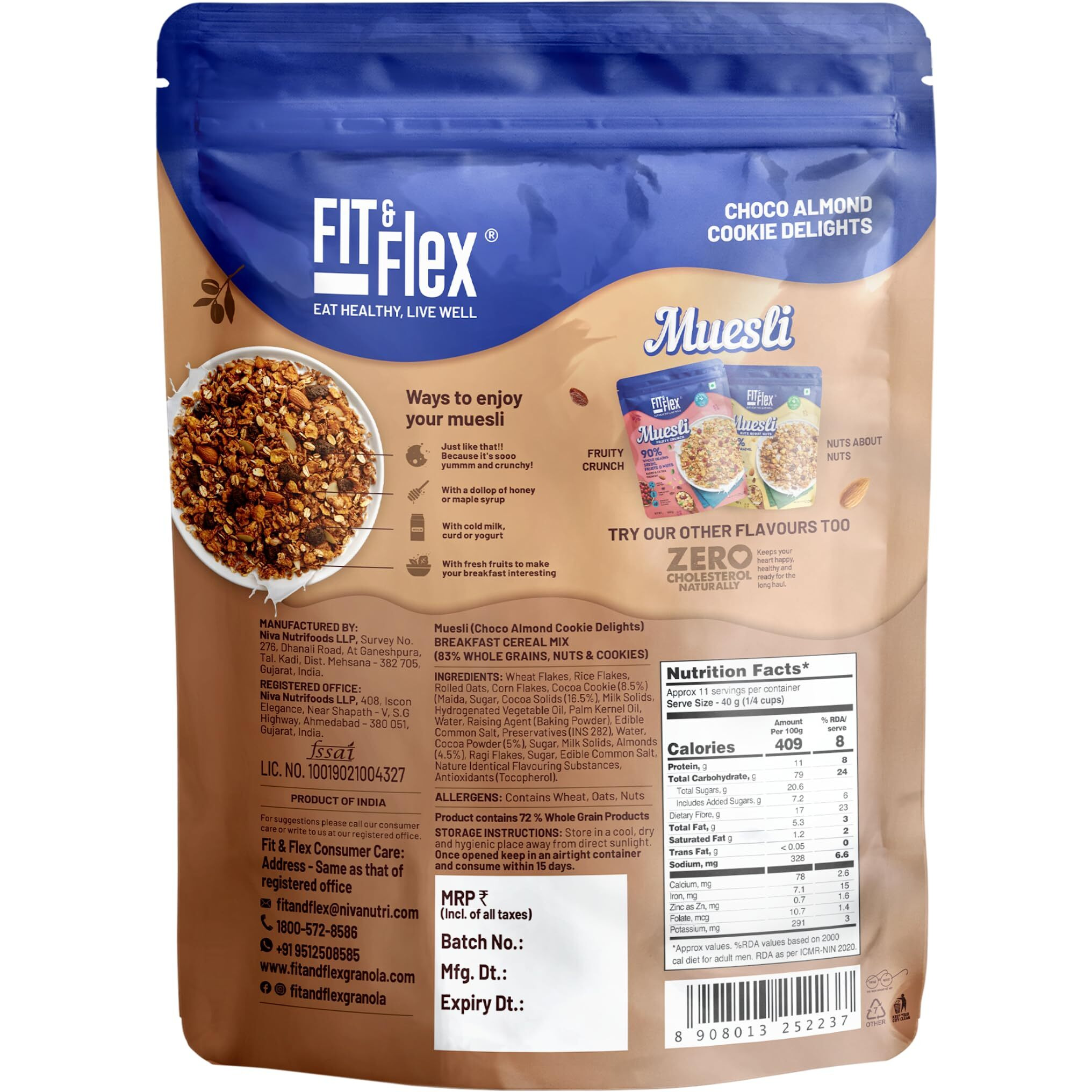 FIT & FLEX Healthy Muesli Breakfast Baked And Crunchy Low Added Sugar Zero Cholesterol And Fibre Rich High Protein Snacks Ready To Eat Oat Rich Cereal -Pack Of 1, 450Gm