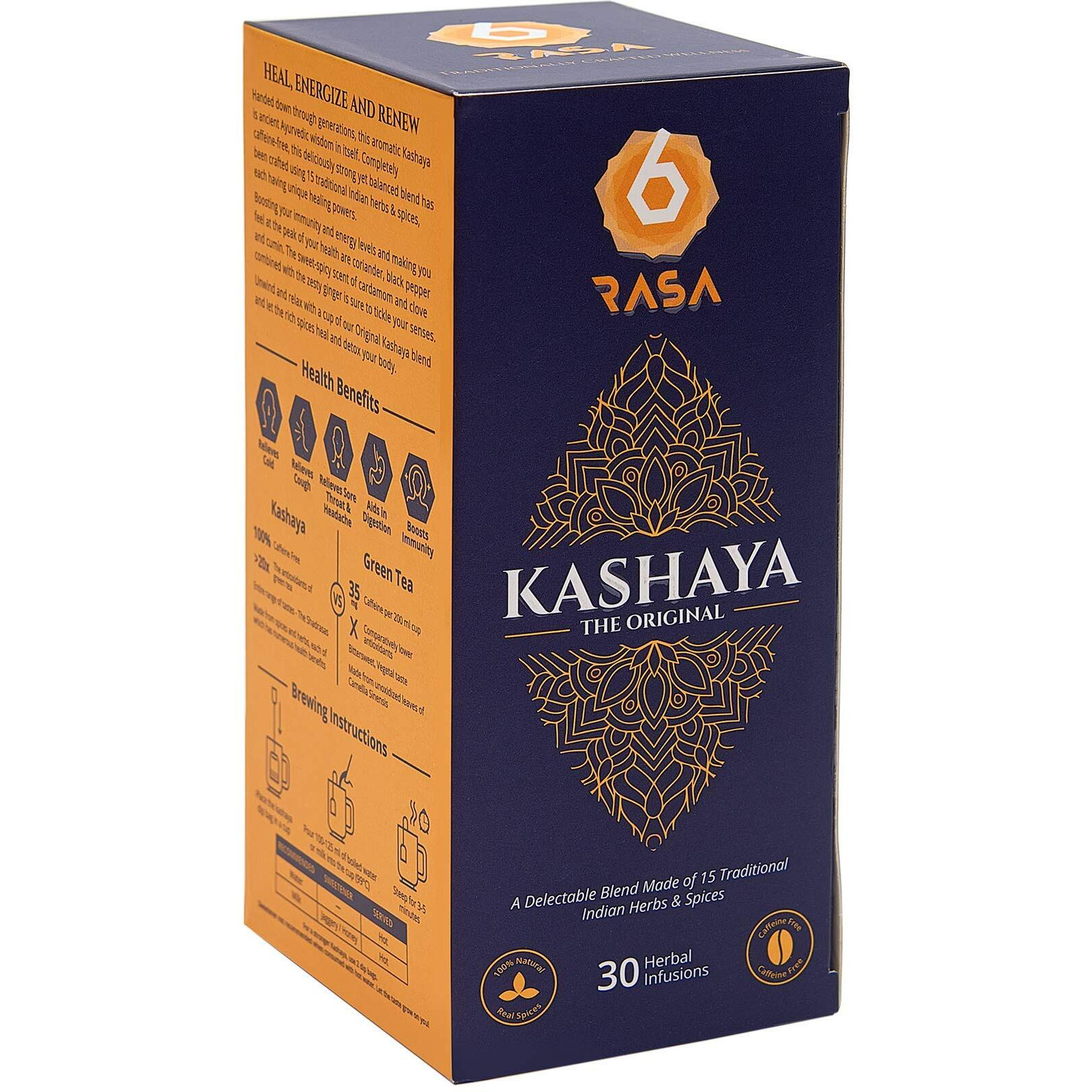 6rasa Kashaya - Herbal Tea | 15 Ayurvedic Spices | Kadha Mix | Caffeine Free | 100% Natural Kashaya - The Original Tea Bags | No Added Sugar (2.5 Gram Each) (Pack Of 1, 30 Dip Bags)