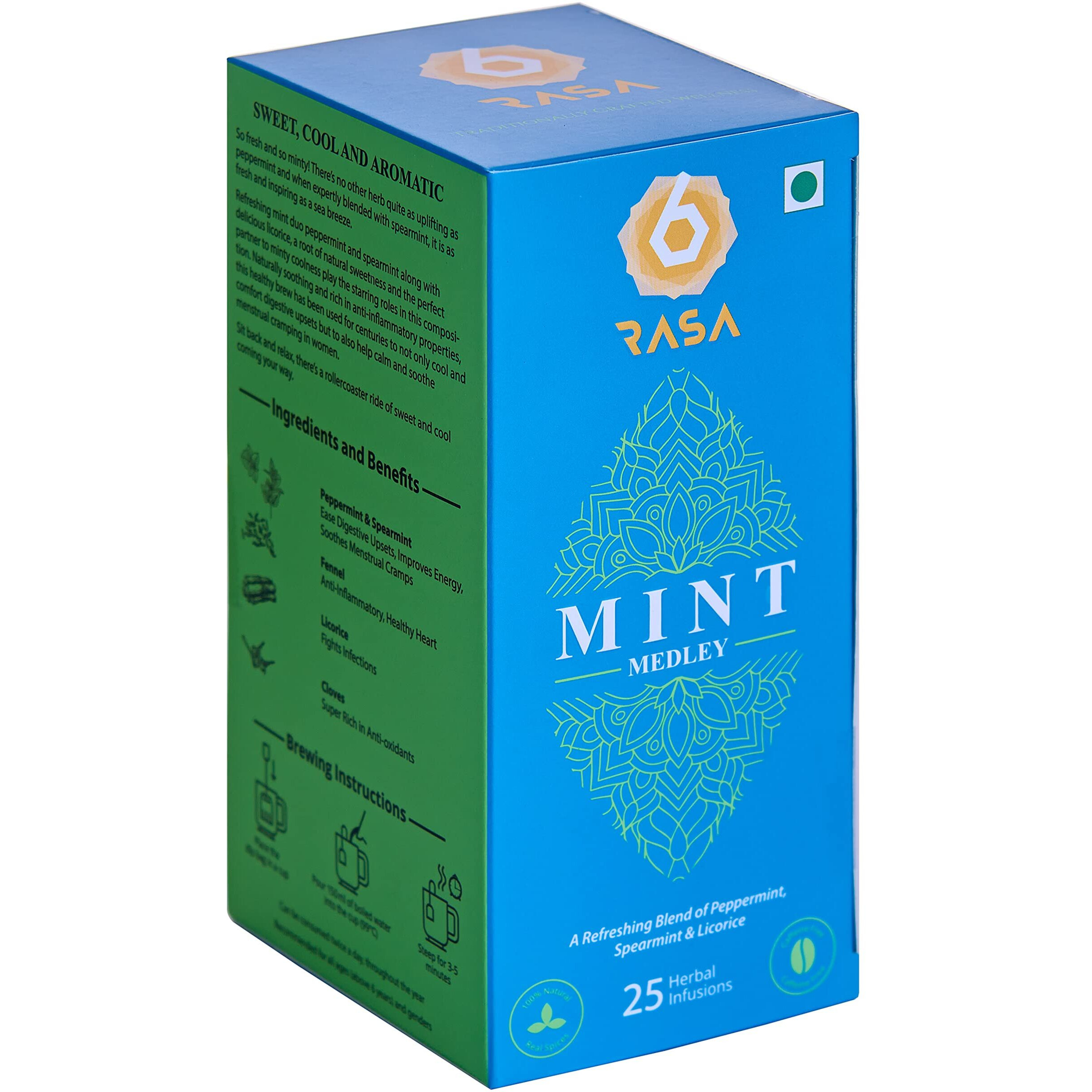 6rasa Mint Medley Tea Bags With Peppermint, Spearmint, Licorice | Cooling, Refreshing, Energizing Blend| 100% Natural Herbs & Spices | No Added Sugar (1.7 G Each, 25 Tea Bags) (Pack Of 1), 1.7 grams