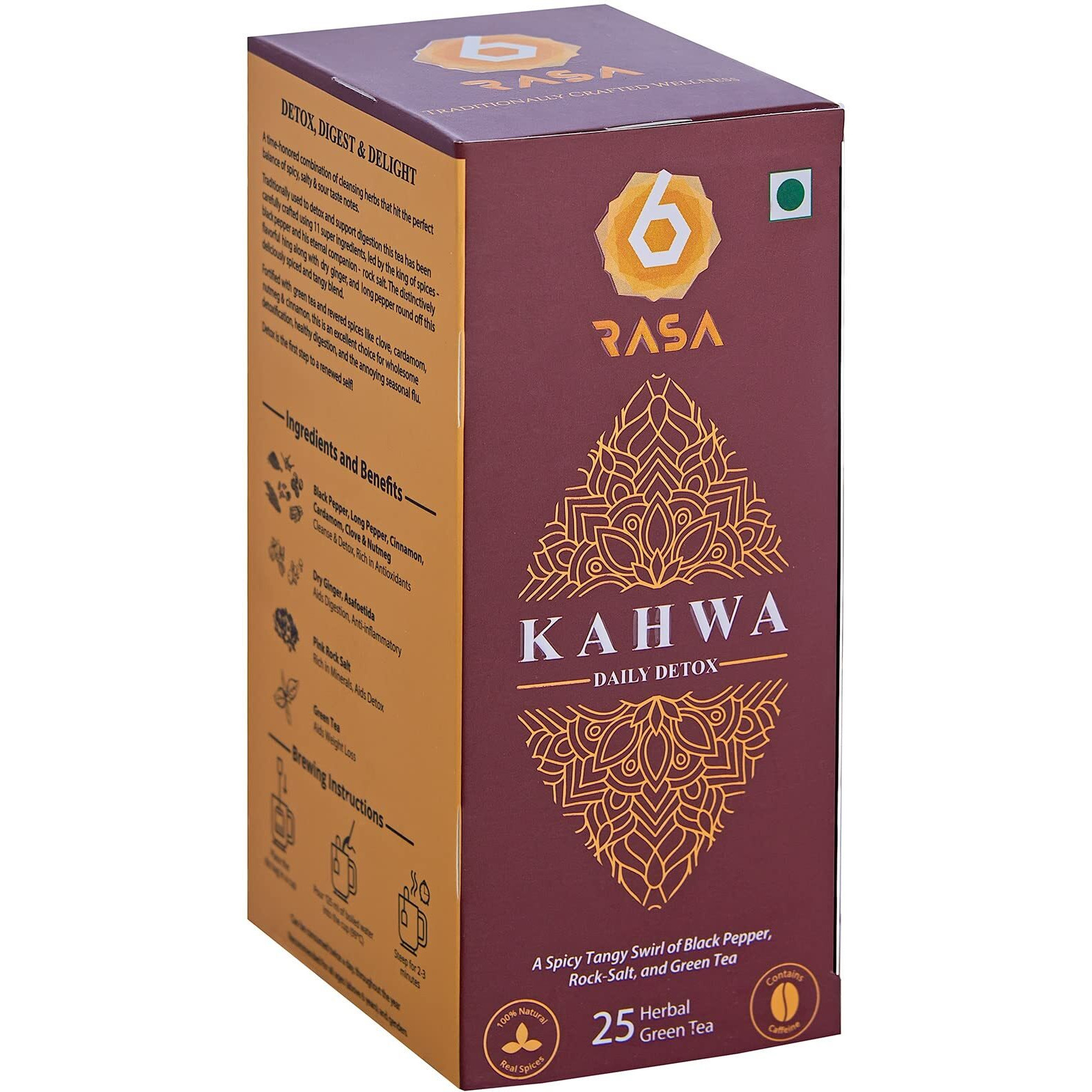 6rasa Kahwa Daily Detox Green Tea Bags | 11 Ayurvedic Spices | For Cleanse & Detox, Immunity00% Natural Herbs & Spices | No Added Sugar (2.5 Gm Each, 25 Tea Bags) (Pack Of 1)
