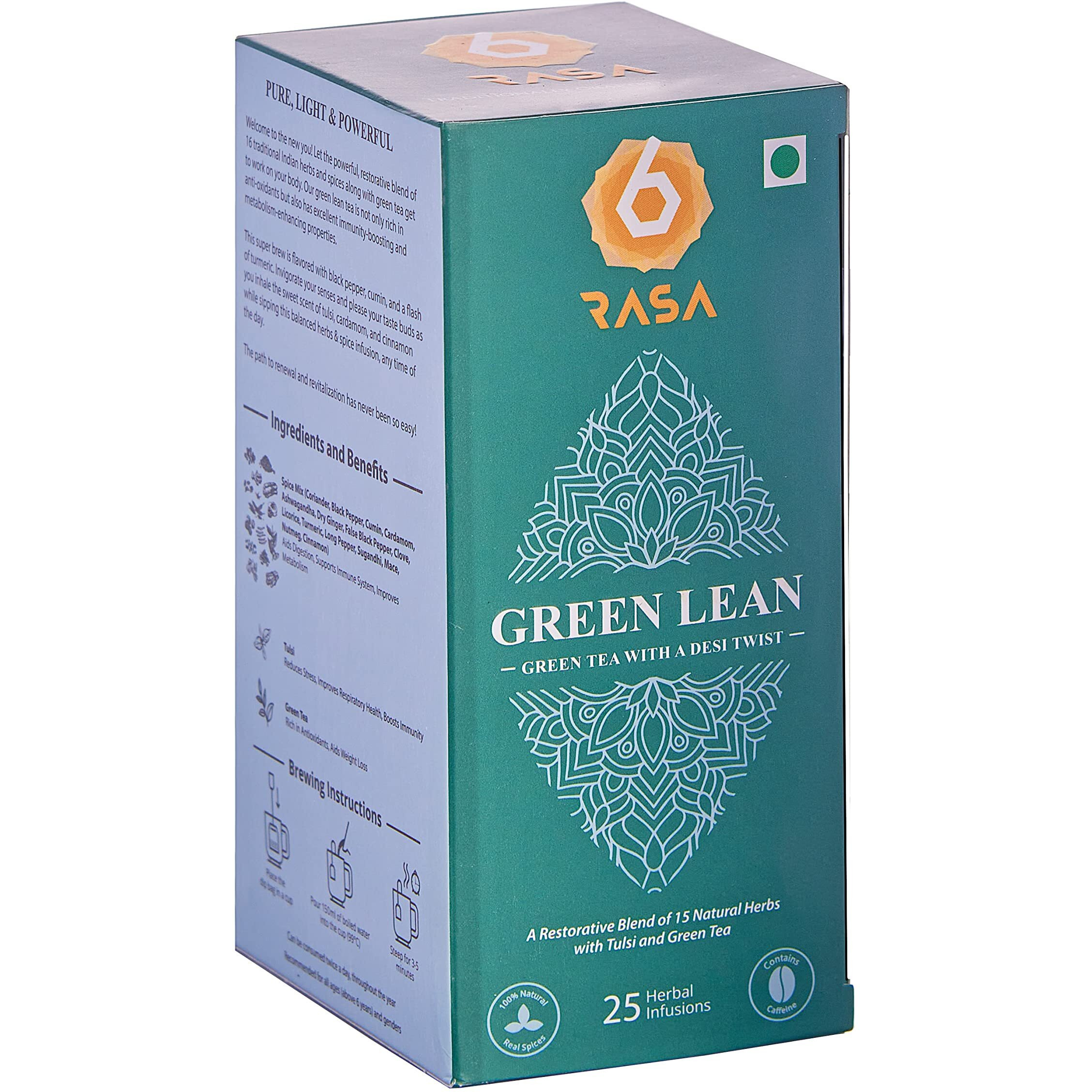 6rasa Green Lean Tea | Green Tea With A Desi Twist | 16 Ayurvedic Spices | For Weight Management | 100% Natural Herbs & Spices |No Added Sugar (2.0 Gram Each, 25 Tea Bags) (Pack Of 1)