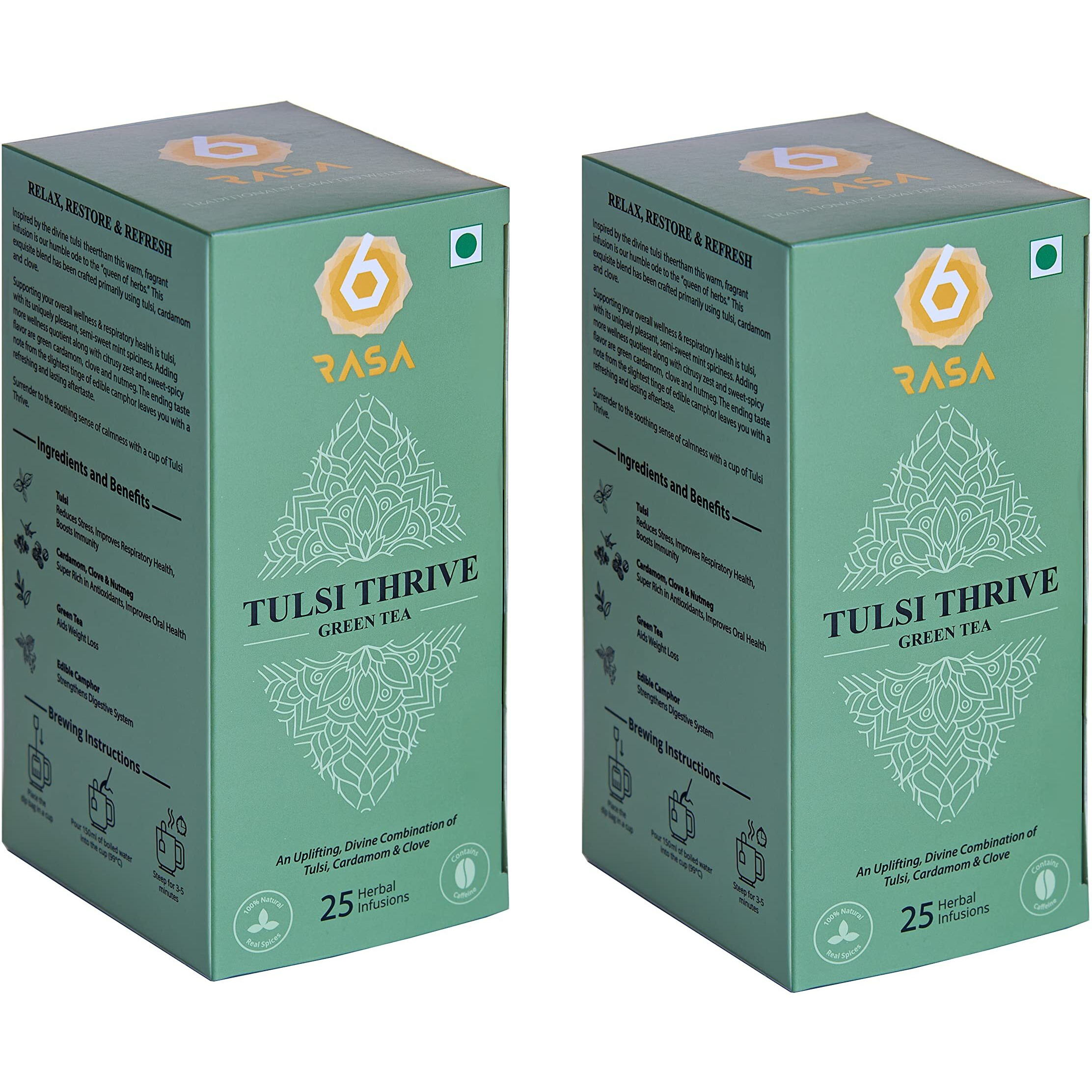 6rasa Tulsi Thrive Green Tea Bags With Cardamom, Clove | For Stress Relief, Immunity & Respiratory Health | 100% Natural Herbs & Spices | No Added Sugar (Each, 25 Dip Bags) (Pack Of 2)-1.7 Gm