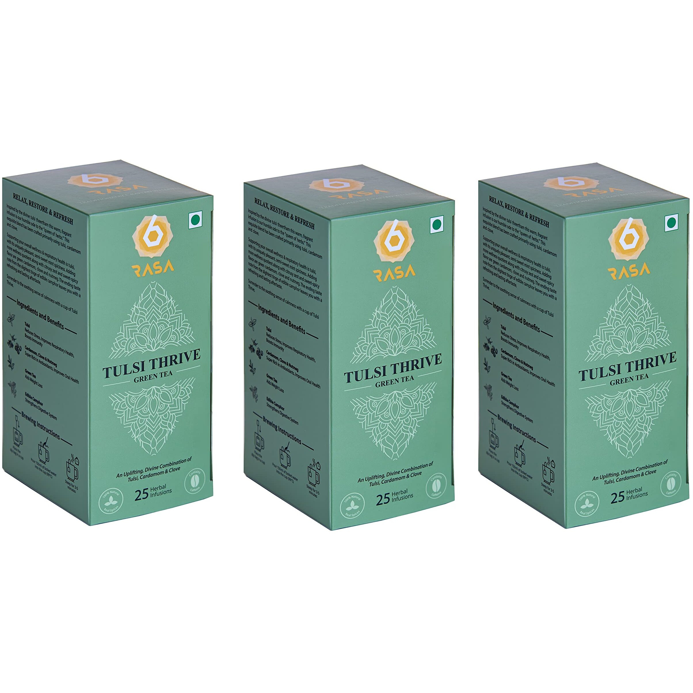 6rasa Tulsi Thrive Green Tea Bags With Cardamom, Clove | For Stress Relief, 100% Natural Herbs & Spices | No Added Sugar (1.7 Gram Each, 25 Dip Bags) (Pack Of 3)