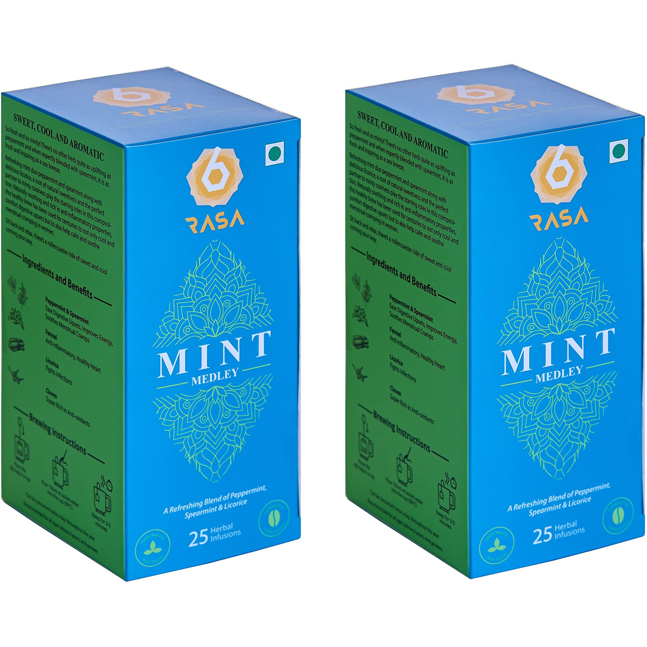 6rasa Mint Medley Tea Bags With Peppermint, Spearmint, Licorice | Cooling, Refreshing, Energizing Blend| 100% Natural Herbs & Spices | No Added Sugar (1.7 G Each, 25 Tea Bags) (Pack Of 2), 1.7 grams
