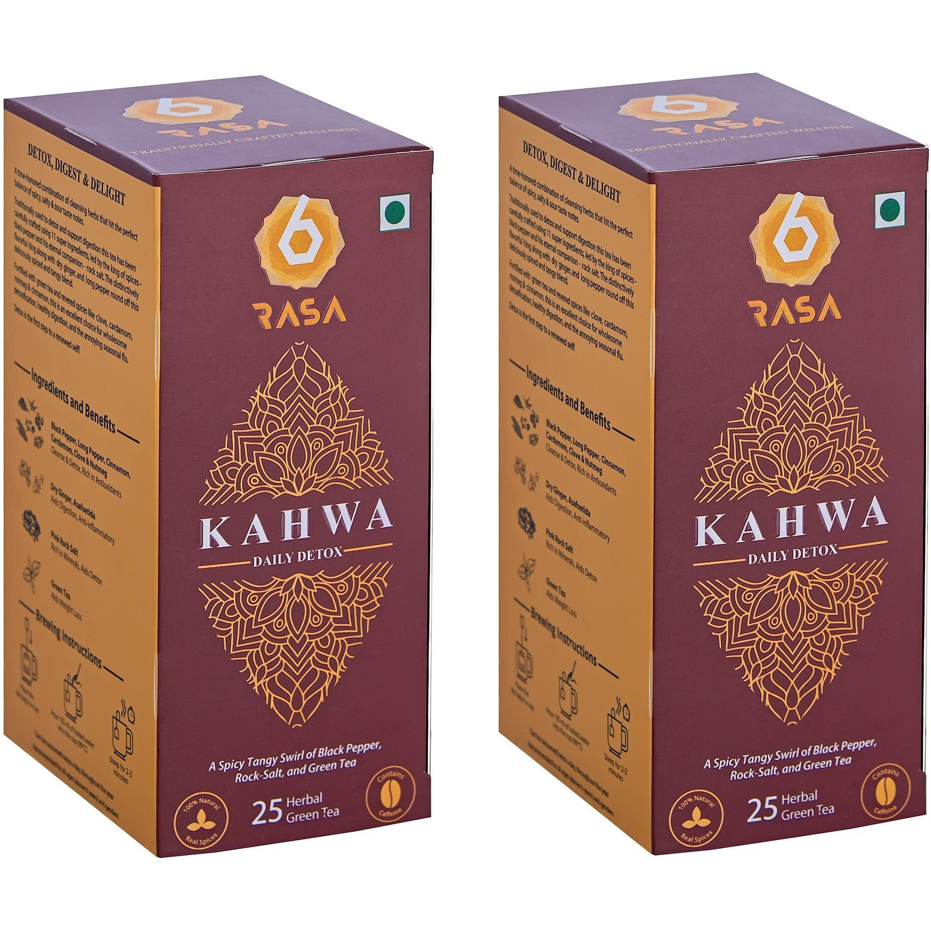 6rasa Kahwa Daily Detox Green Tea Bags | 11 Ayurvedic Spices | For Cleanse & Detox, Immunity00% Natural Herbs & Spices | No Added Sugar (2.5 gram Each, 25 Tea Bags) (Pack Of 2)