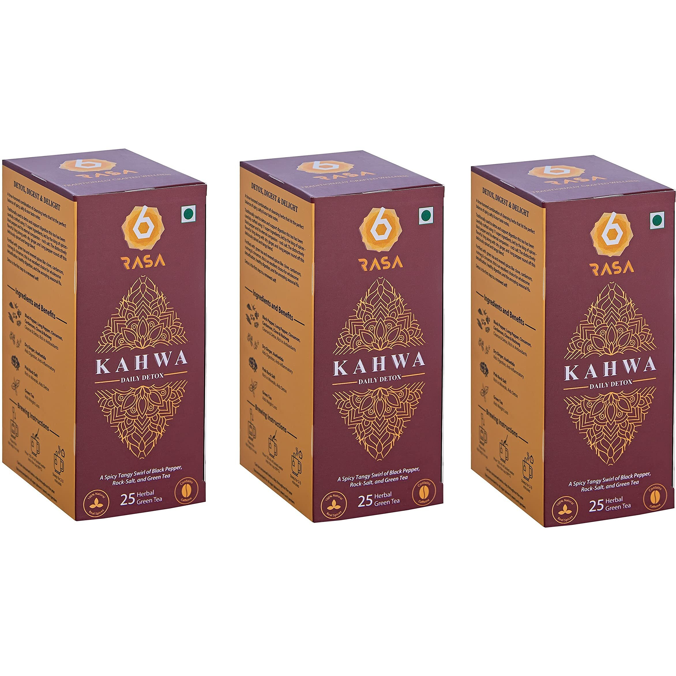 6rasa Kahwa Daily Detox Green Tea Bags | 11 Ayurvedic Spices | For Cleanse & Detox, Immunity00% Natural Herbs & Spices | No Added Sugar (2.5 Gram Each, 25 Tea Bags) (Pack Of 3)