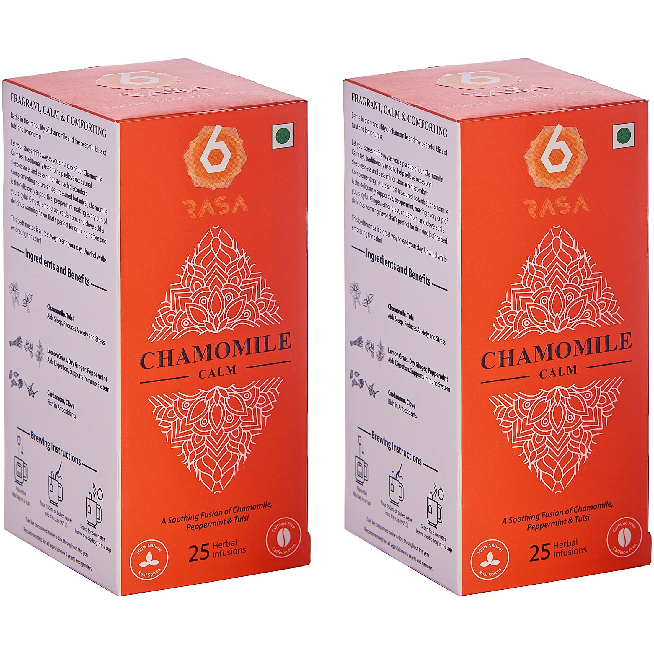 6rasa Chamomile Calm Tea Bags with Mint, Tulsi | For Good Sleep and Stress Relief | 100% Natural Herbs & Spices | Caffeine Free | No Added Sugar (1.6 g Each, 25 Tea Bags) (Pack of 2)