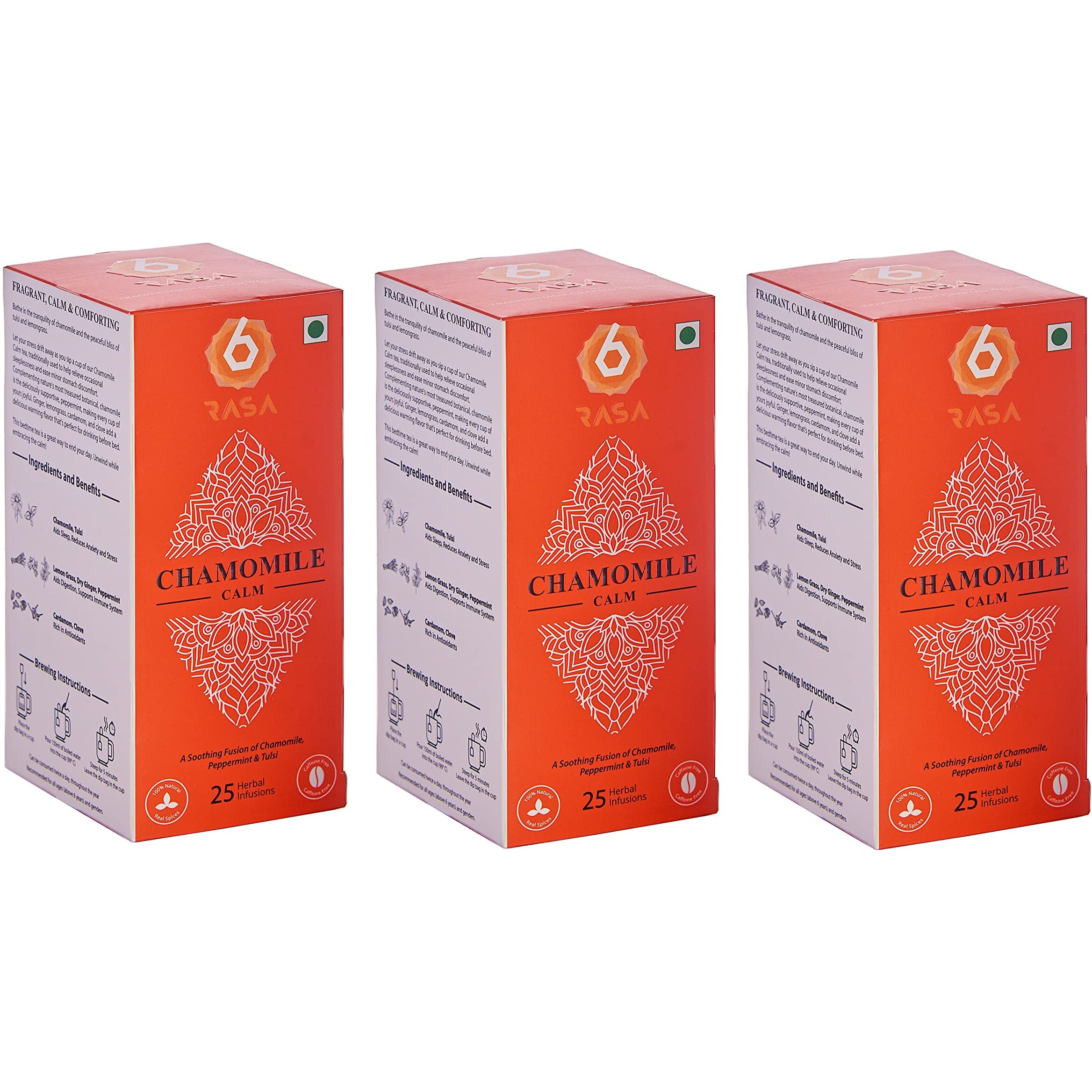 6rasa Chamomile Calm Tea Bags with Mint, Tulsi | For Good Sleep and Stress Relief | 100% Natural Herbs & Spices | Caffeine Free | No Added Sugar (1.6 g Each, 25 Tea Bags) (Pack of 3)