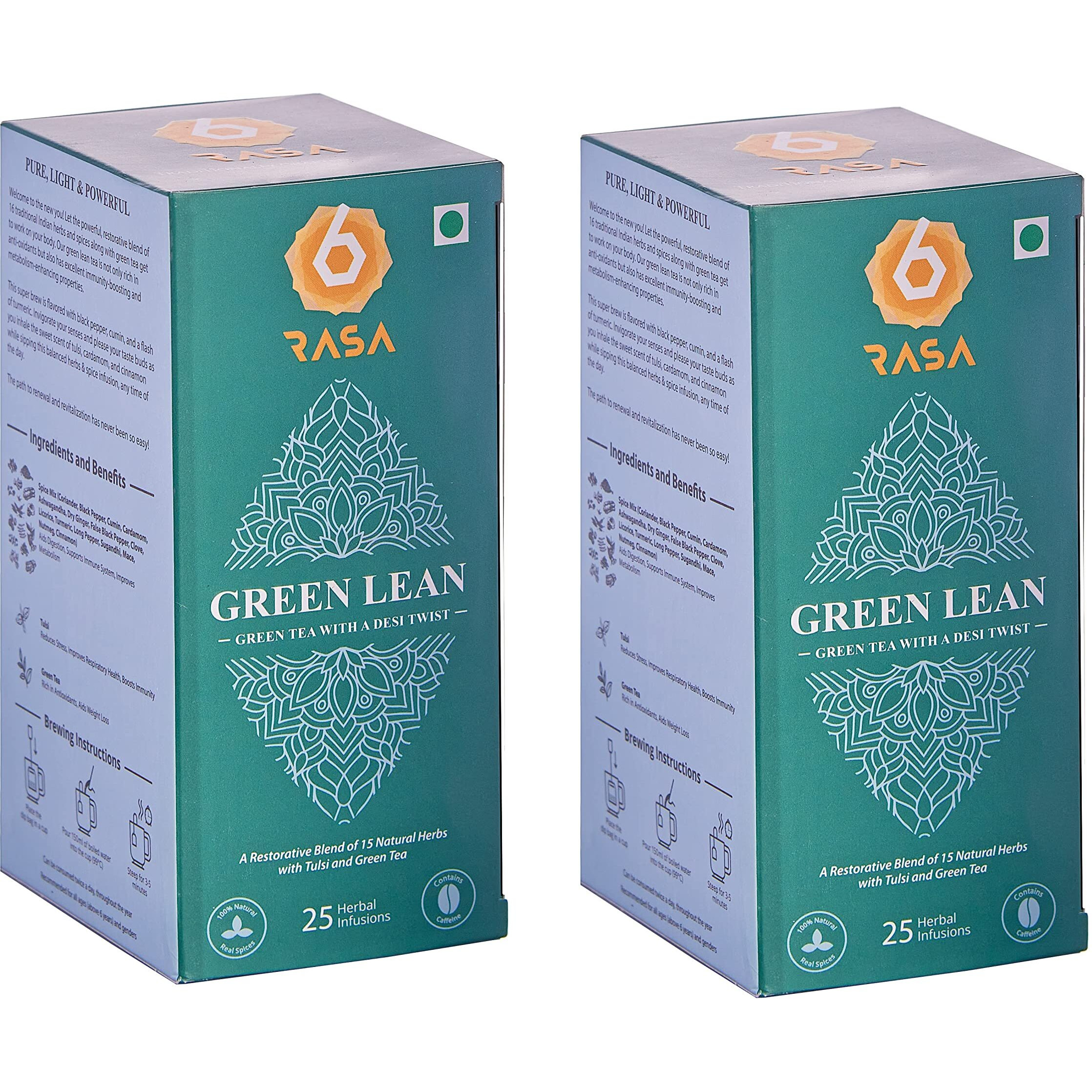6rasa Green Lean Tea|Green Tea With A Desi Twist|16 Ayurvedic Spices|For Weight Management|100% Natural Herbs & Spices|No Added Sugar (2.0 Gram Each, 25 Tea Bags) (Pack Of 2)