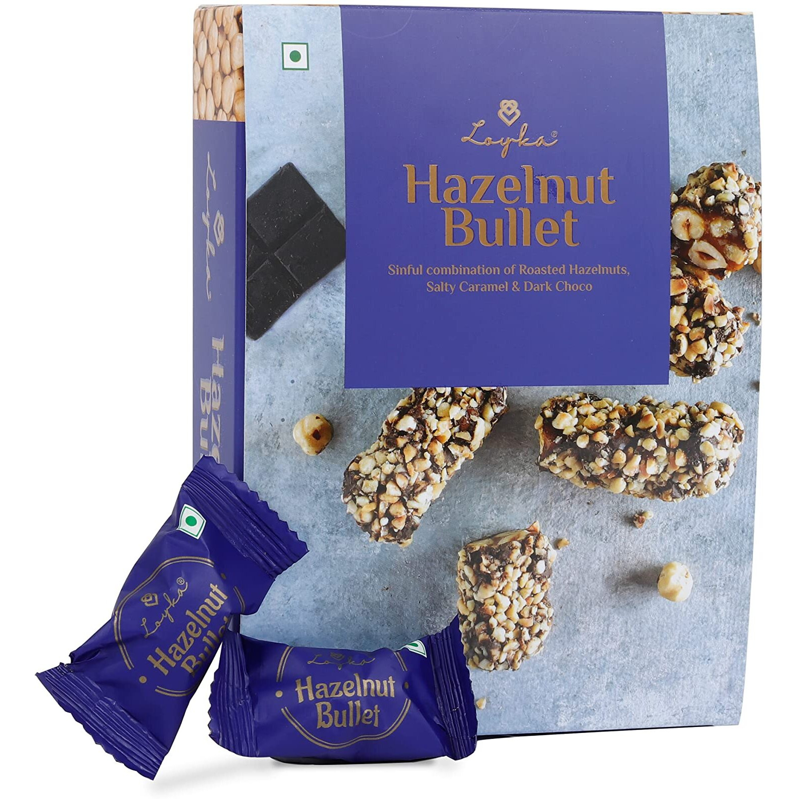 Loyka Hazelnut Bullets - 14 pcs | Premium Chocolate Gift Hamper | Choco & Nut Dryfruit Delicacy | Roasted Hazelnuts (45%), Dark Choco & Salted Caramel | Any-time snack