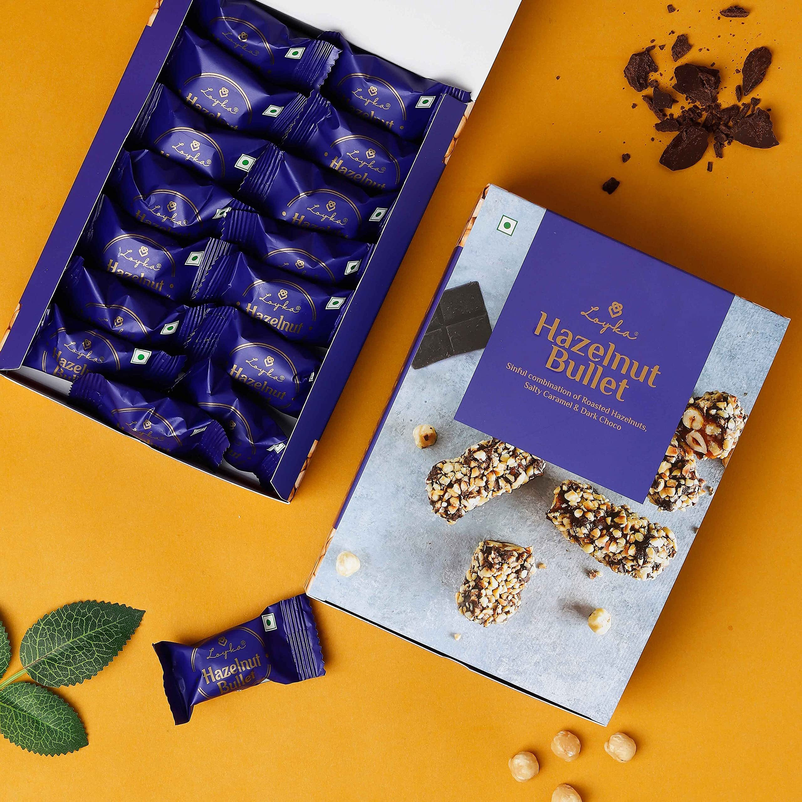 Loyka Hazelnut Bullets - 14 pcs | Premium Chocolate Gift Hamper | Choco & Nut Dryfruit Delicacy | Roasted Hazelnuts (45%), Dark Choco & Salted Caramel | Any-time snack