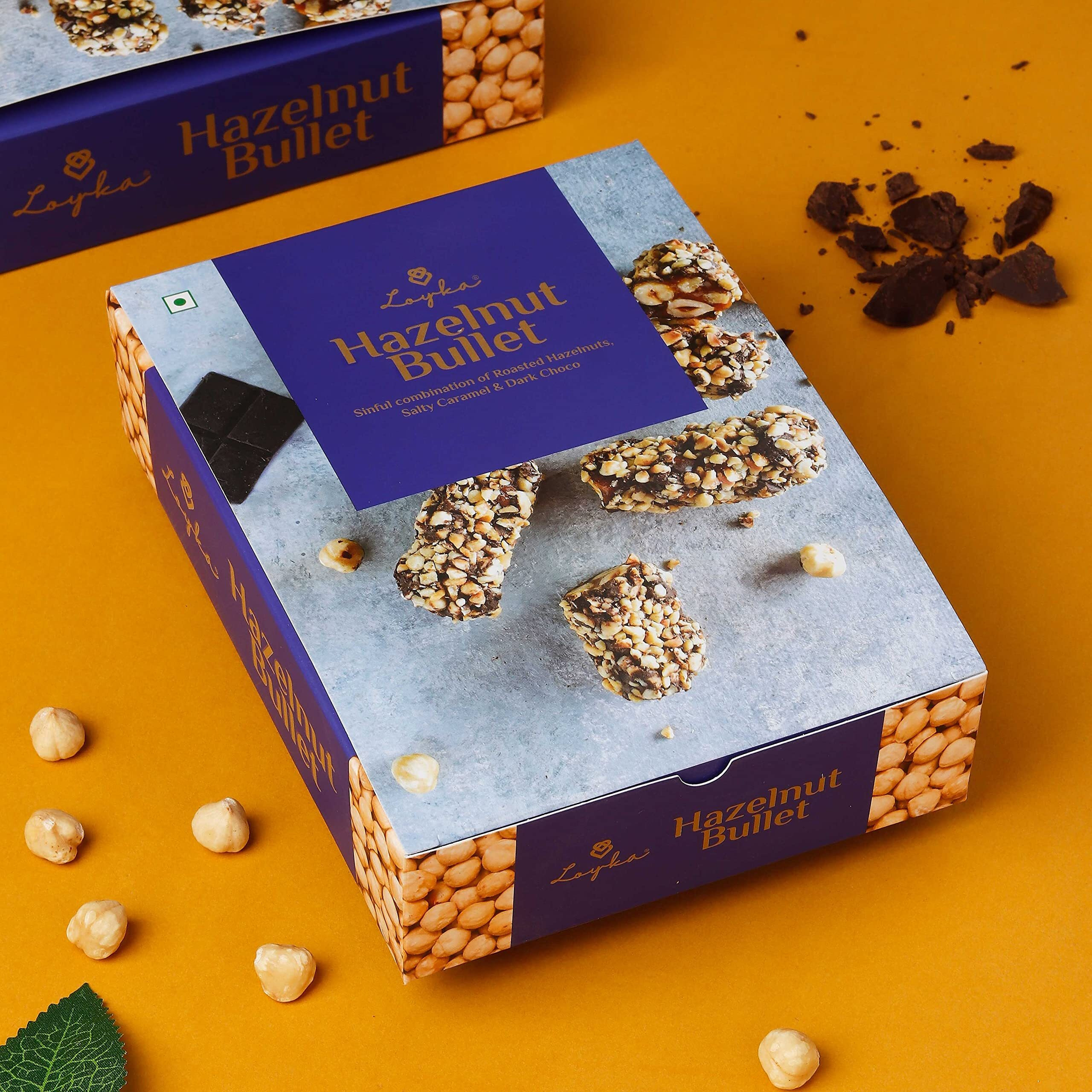 Loyka Hazelnut Bullets - 14 pcs | Premium Chocolate Gift Hamper | Choco & Nut Dryfruit Delicacy | Roasted Hazelnuts (45%), Dark Choco & Salted Caramel | Any-time snack