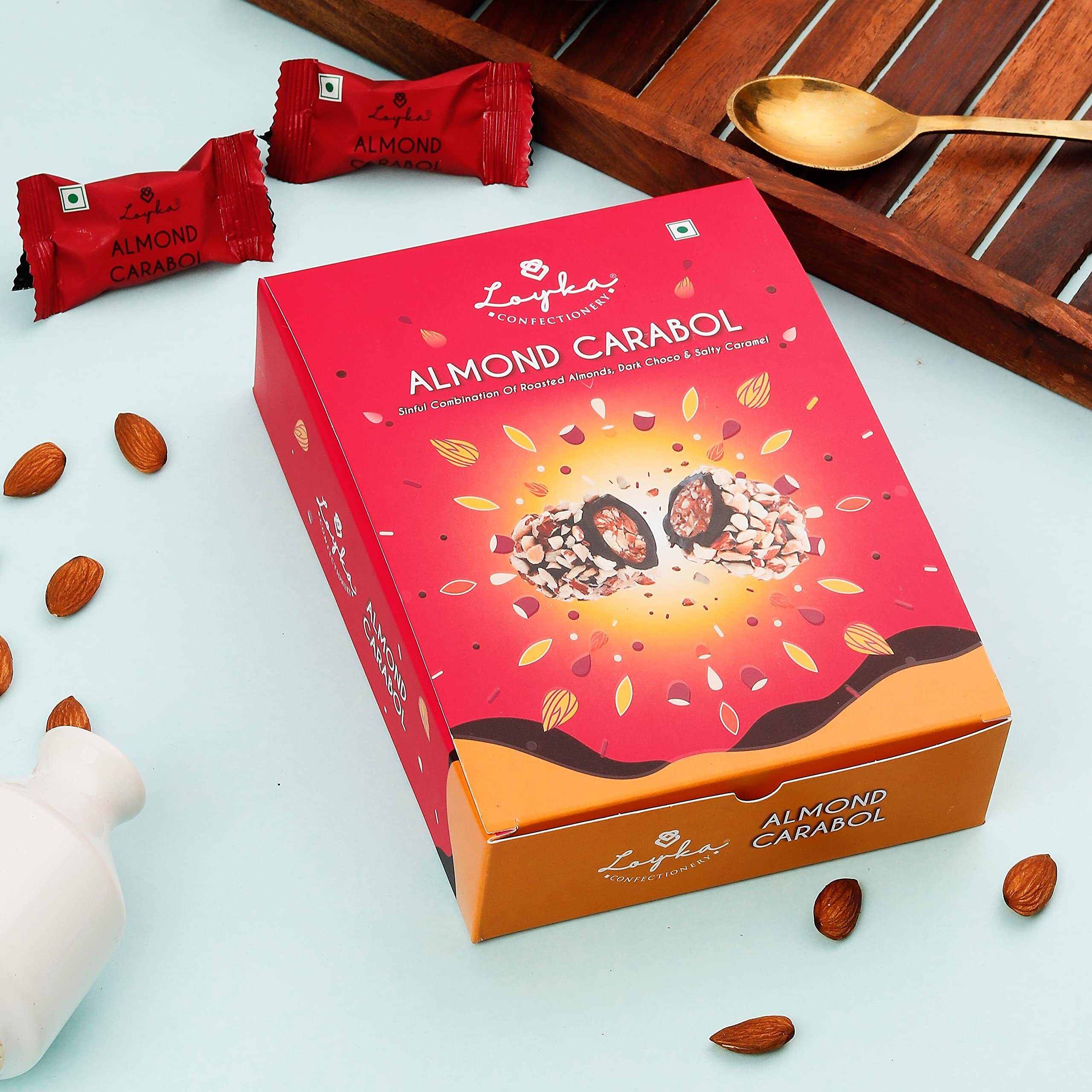Loyka Almond Carabol - 14 pcs | Premium Chocolate Gift Hamper | Choco & Nut Dryfruit Delicacy | Roasted California Almonds (45%), Dark Choco & Salted Caramel | Any-time snack