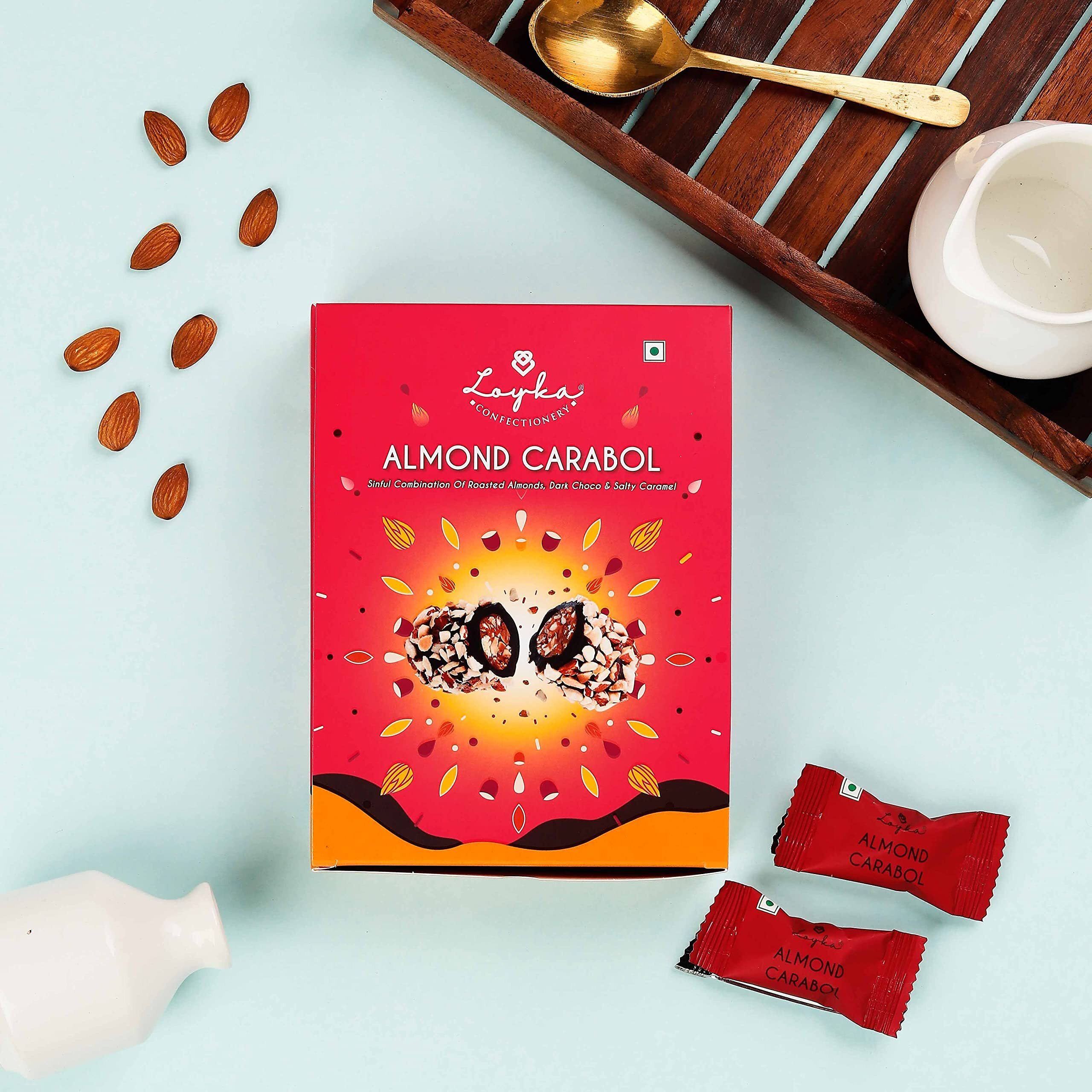 Loyka Almond Carabol - 14 pcs | Premium Chocolate Gift Hamper | Choco & Nut Dryfruit Delicacy | Roasted California Almonds (45%), Dark Choco & Salted Caramel | Any-time snack