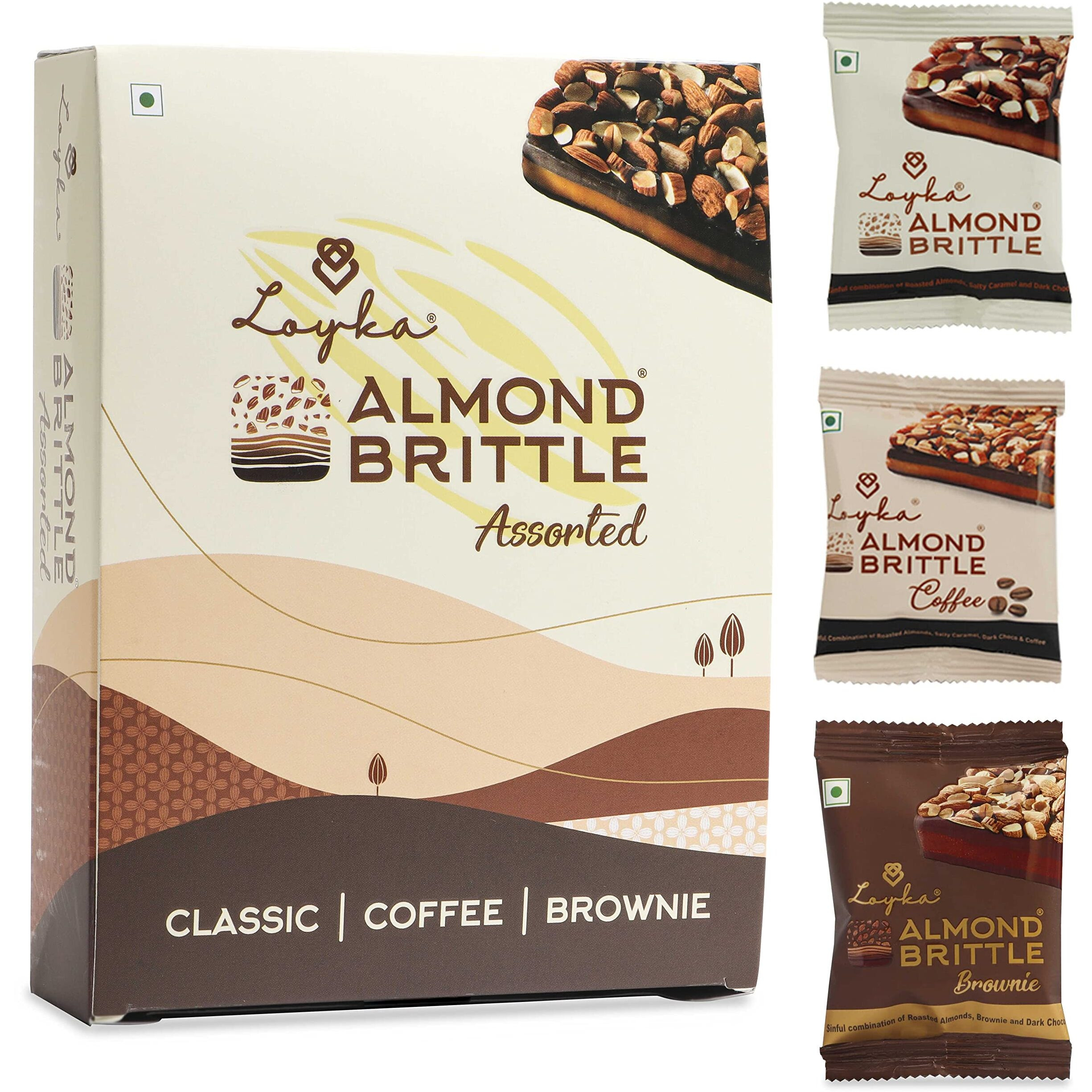 Loyka Almond Brittle Assorted Choco Box - 12 pcs | Premium Chocolate Gift Hamper | Choco & Nut Dryfruit Delicacy | Roasted California Almonds (45%), Dark Choco & Salted Caramel | Any-time snack